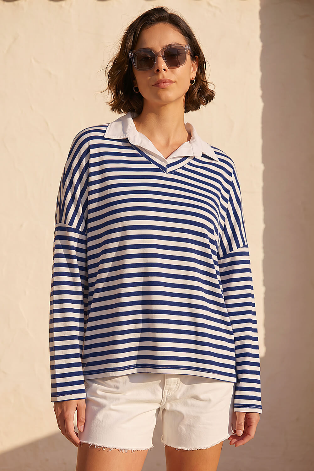 Navy Mock Shirt Stripe Top, Image 1 of 4