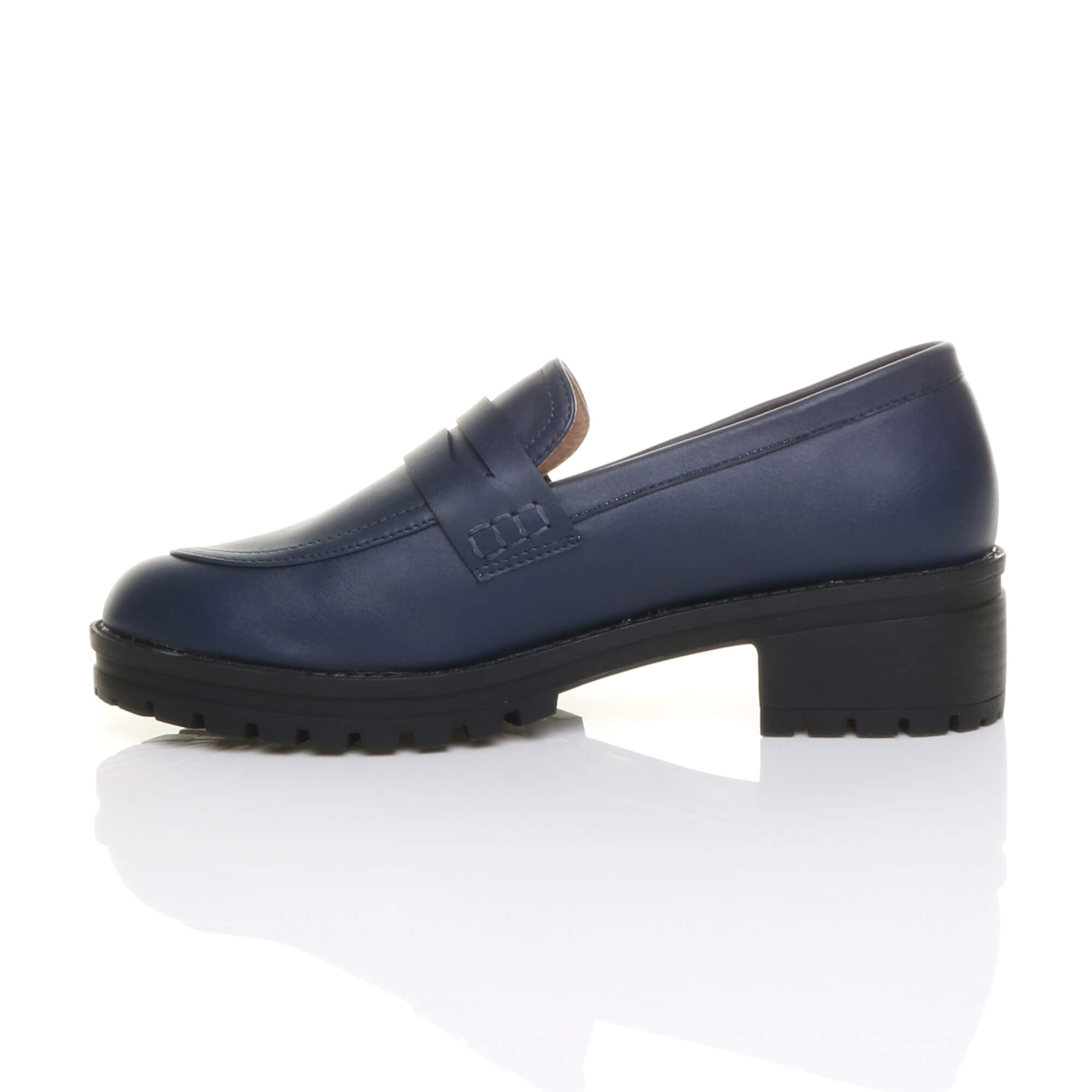 Navy Blue Flat Chunky Heeled Penny Loafers, Image 3 of 5