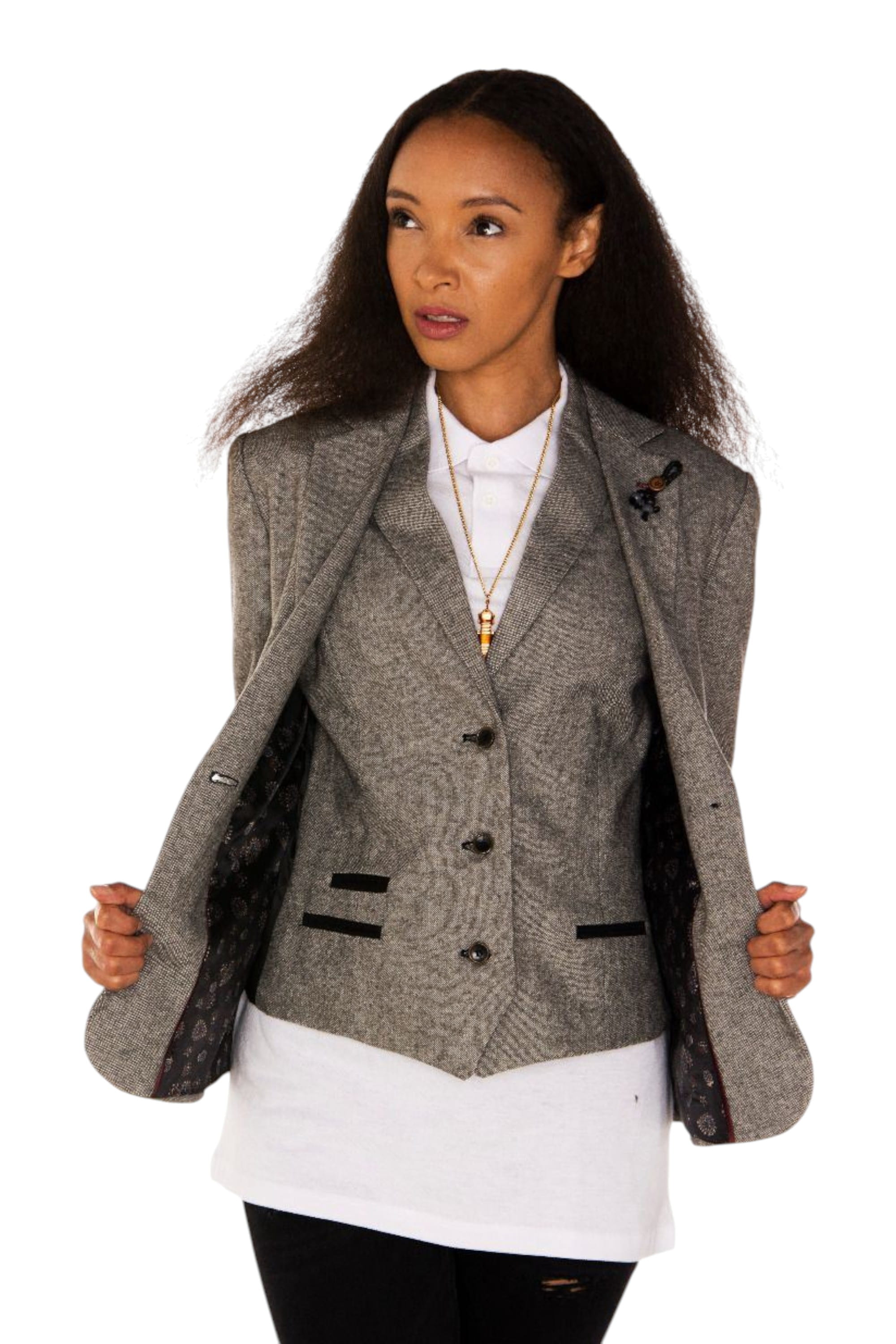 Light Grey Infinity Leather Light Grey Tweed 1920s Herringbone Light Grey Blazer, Image 2 of 6