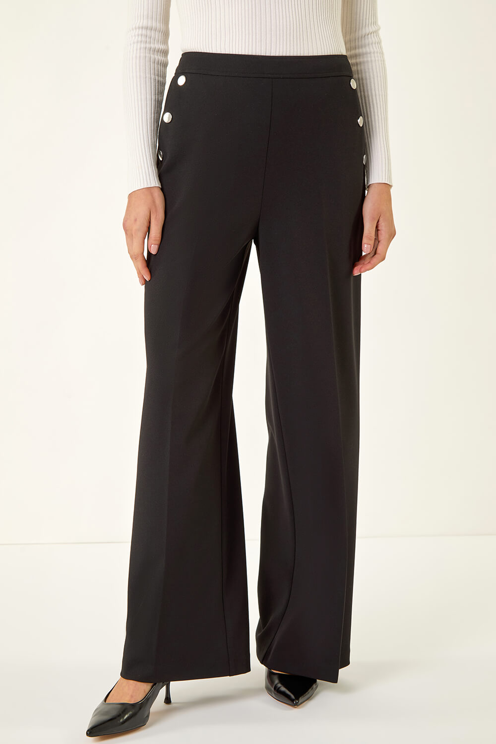 Black Button Pocket Full Length Trousers, Image 5 of 5