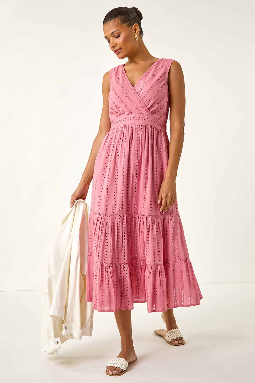 Vintage Elegant Pink Butterfly Printed V-Neck Sleeveless Fashion Midi Dress