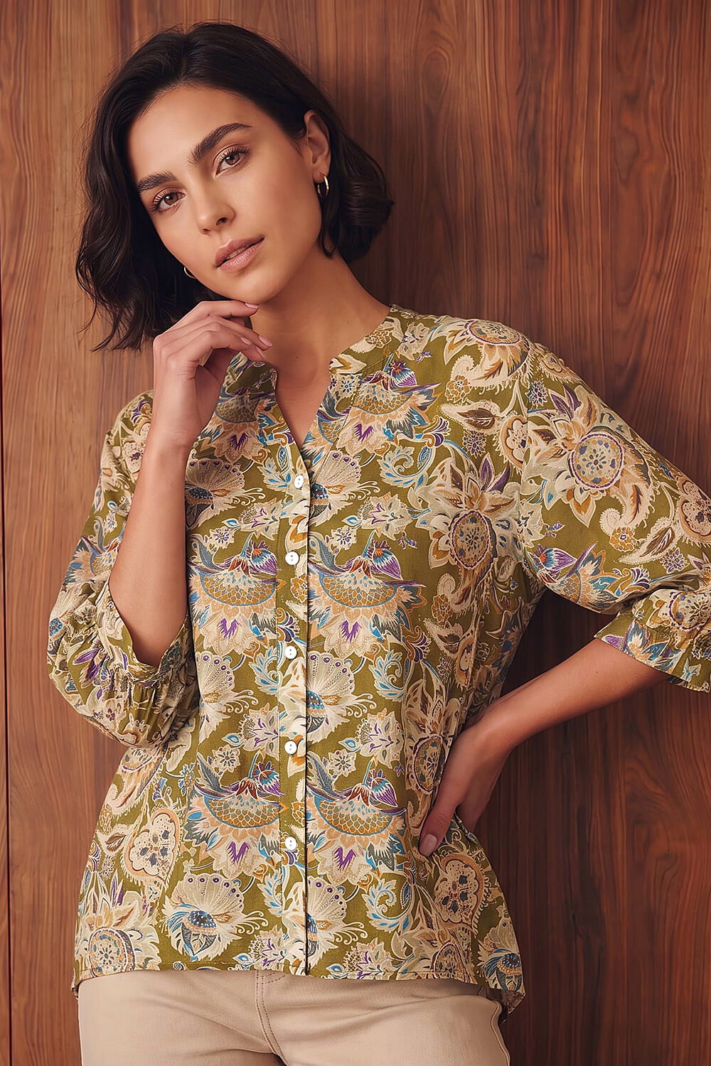 Roman Women's Green Floral Print Notch Neck Blouse Size 10