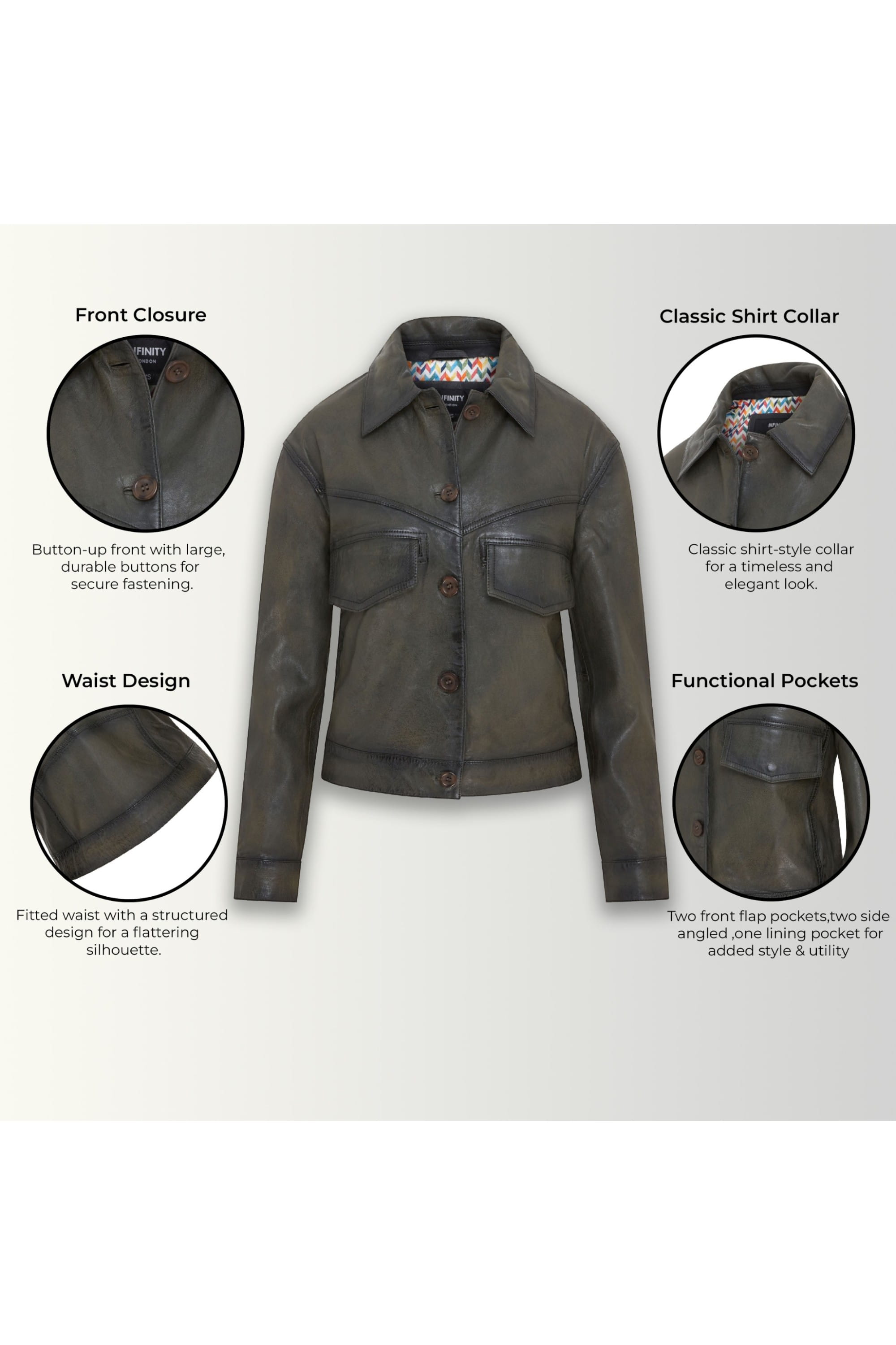 Olive Retro Biker Leather Jacket - Kopervik, Image 3 of 6