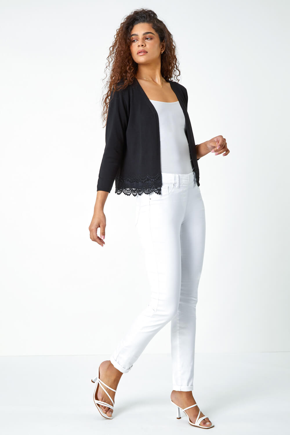Black Scalloped Lace Trim Knitted Shrug, Image 3 of 5