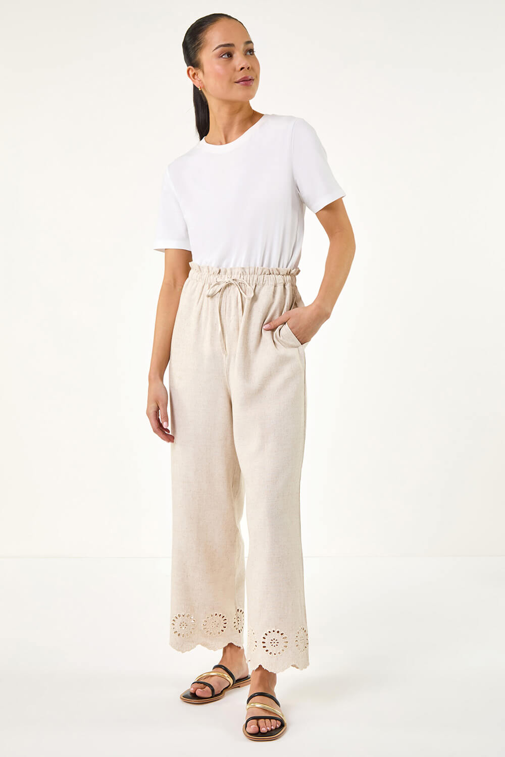 Natural  Petite Embroidered Hem Trouser, Image 3 of 5