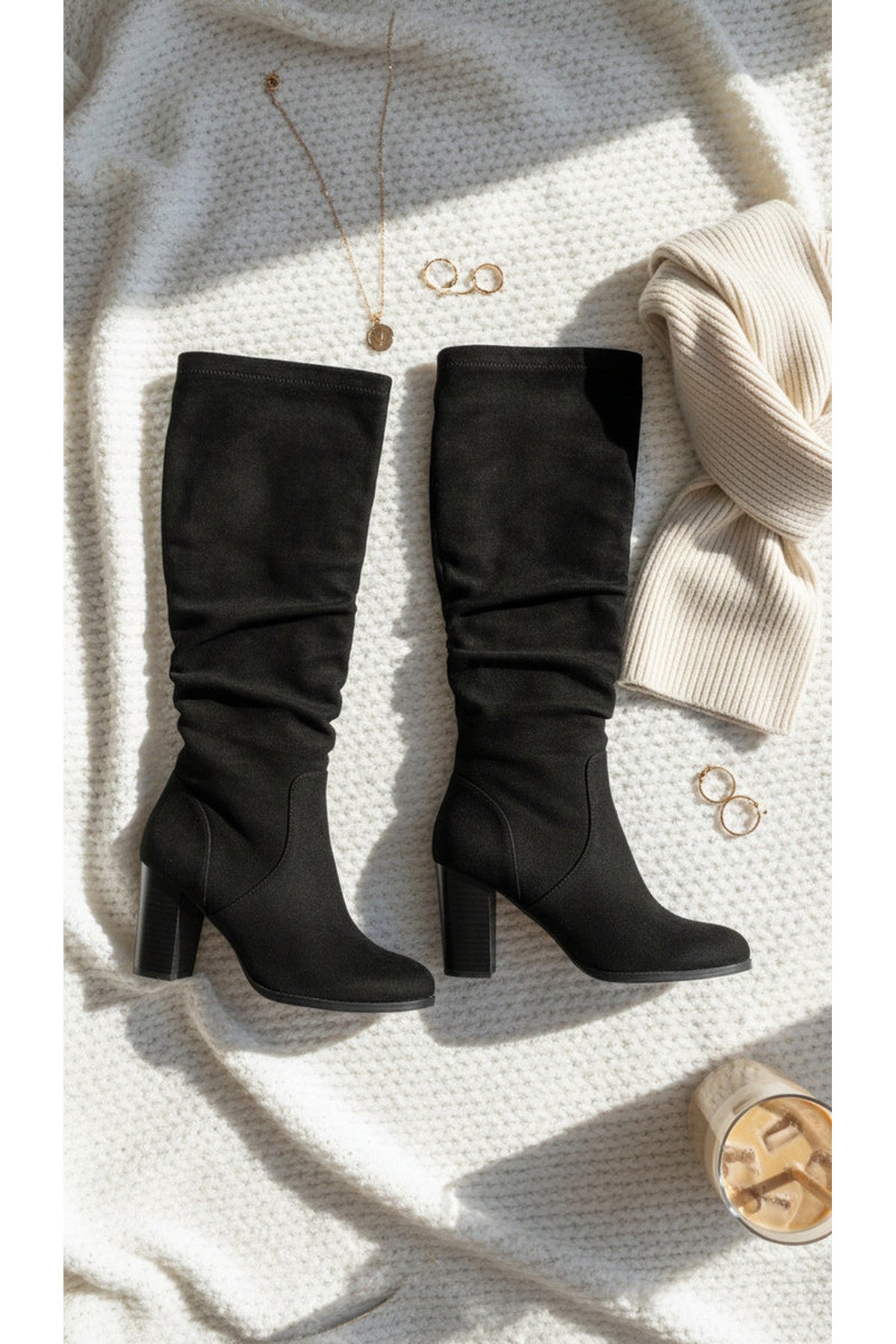 Black iKrush Black Lunara Suede Knee High Block Heel Boots, Image 8 of 8