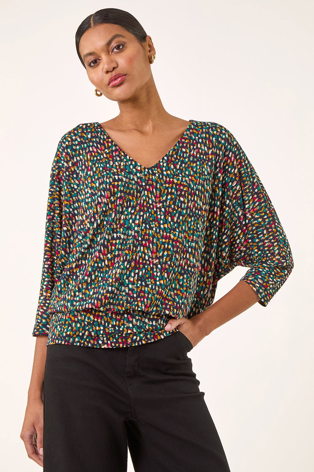 Roman Women's Green Abstract Bubble Hem Top Size 10