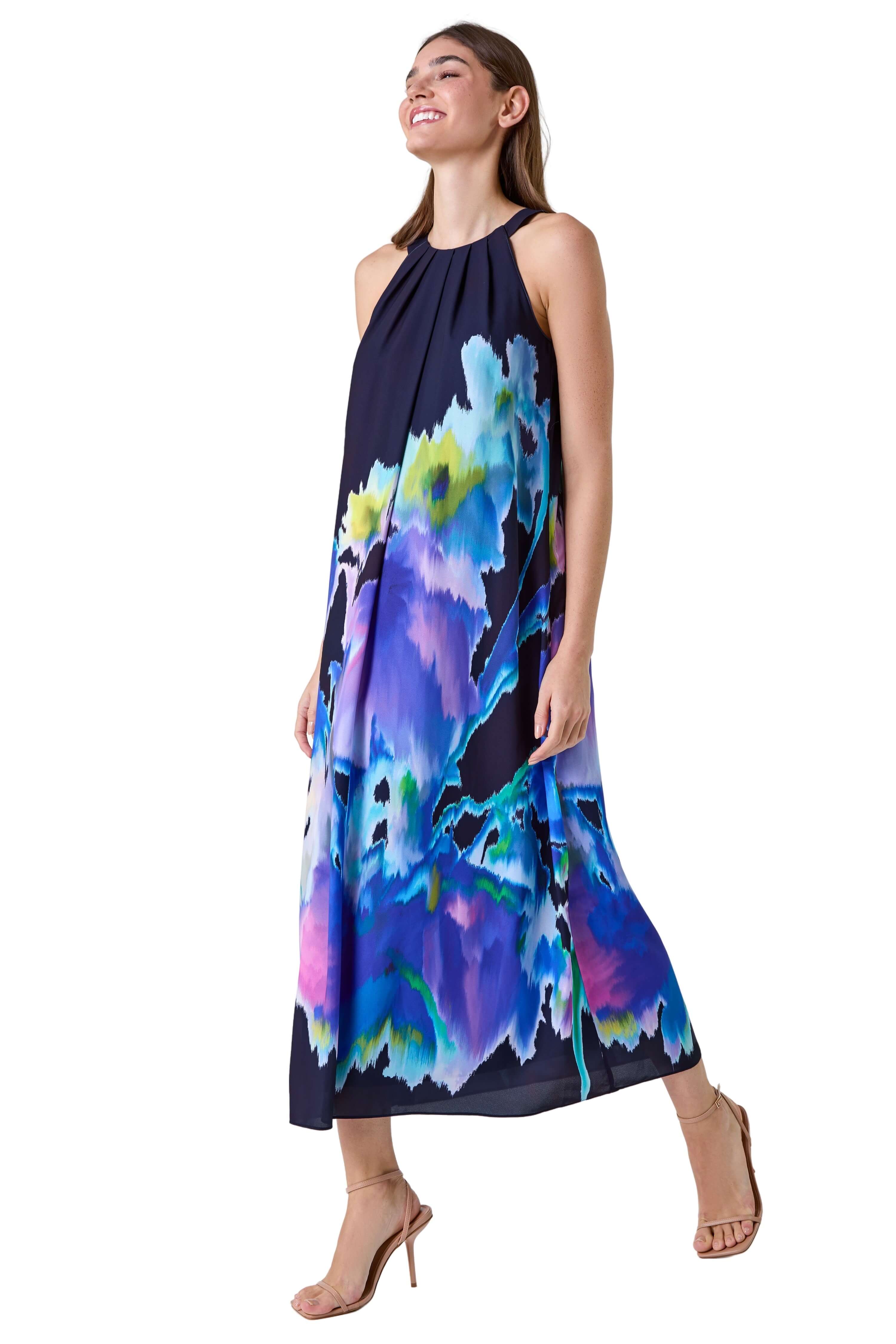 Abstract Floral Pleat Detail Trapeze Dress for Women UK - Ladies Roman |  eBay