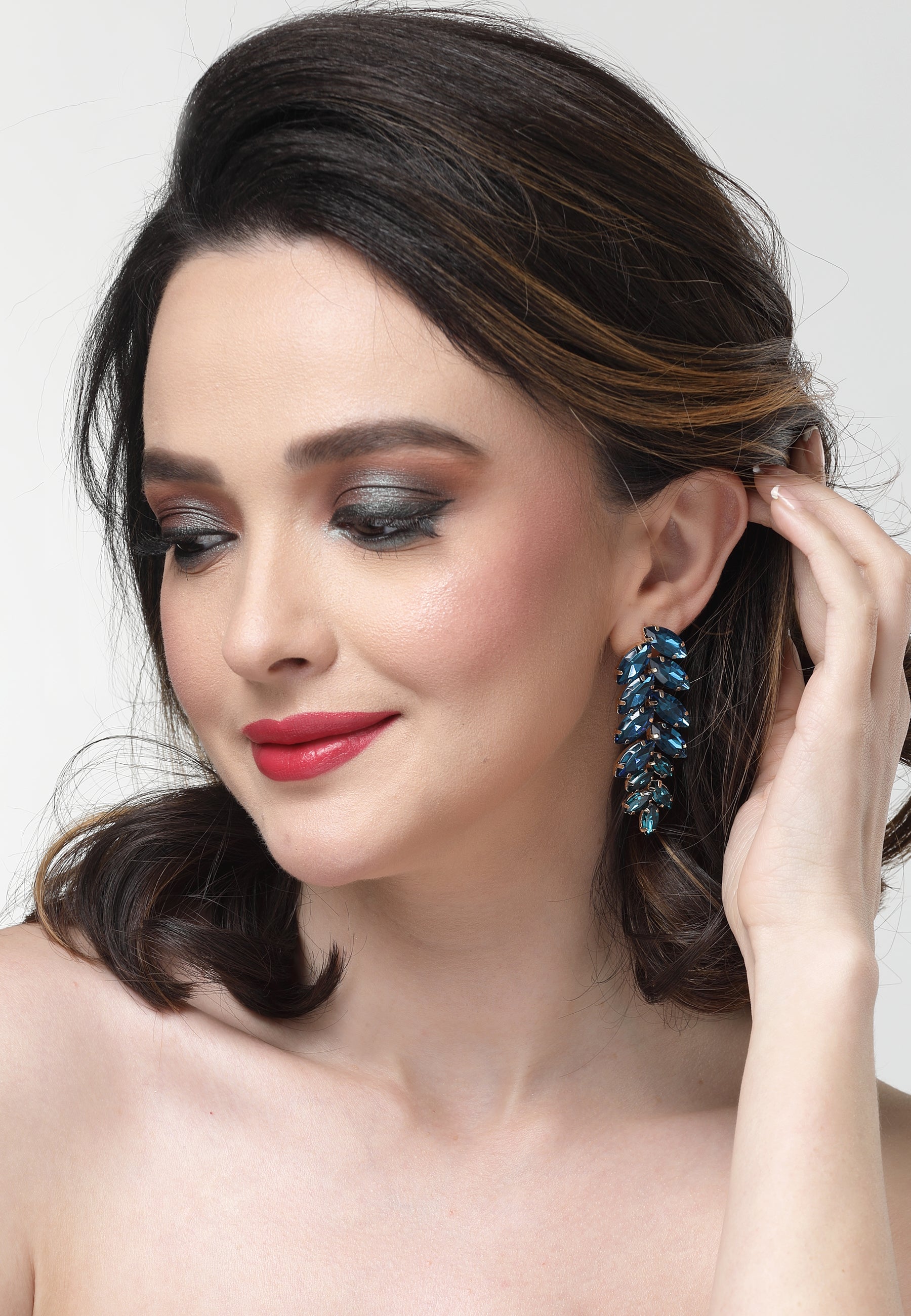 Turqouise Gold-Coloured Leaf-Shaped Drop Earrings, Image 4 of 5