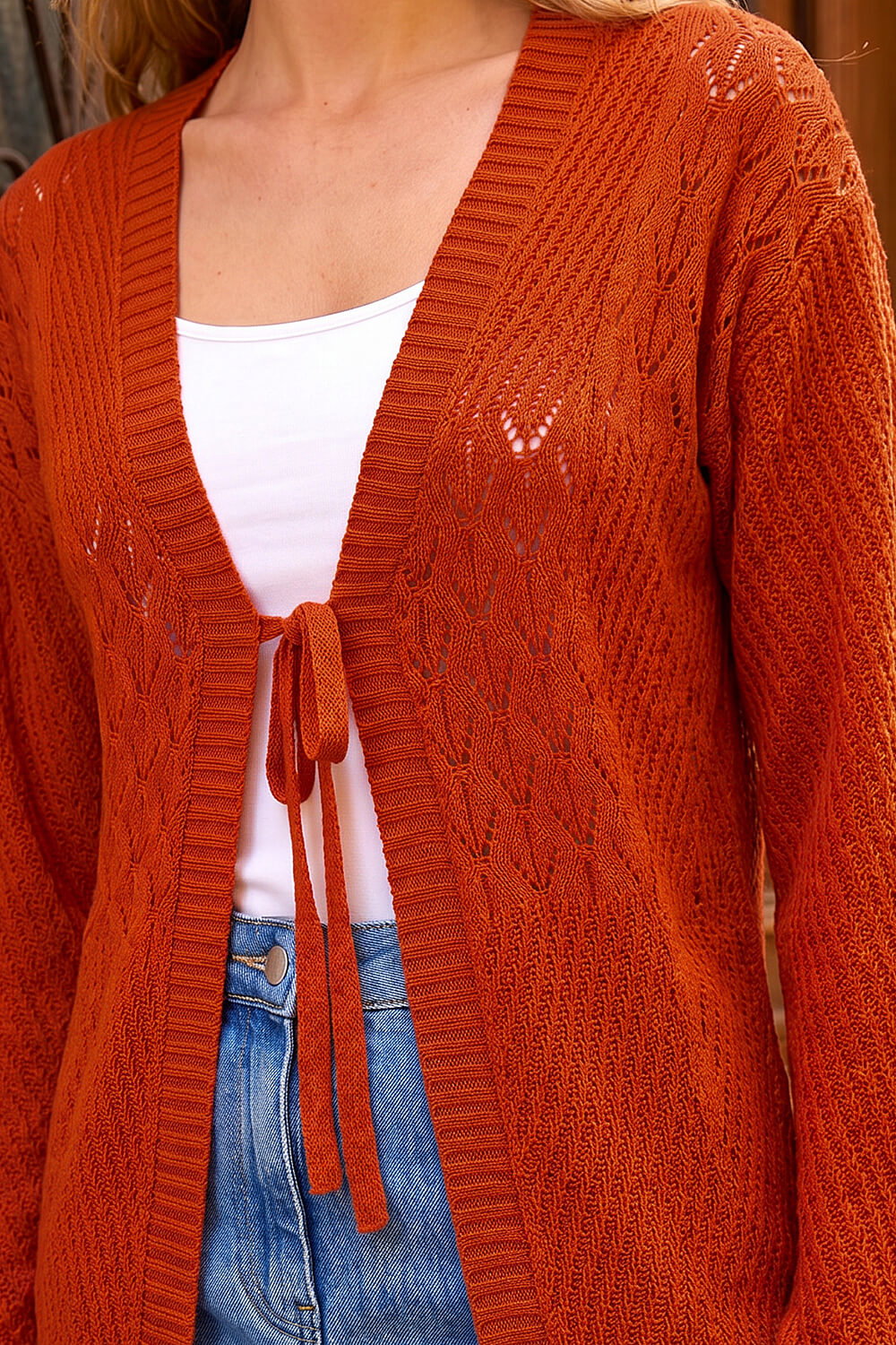 Rust Textured Tie Front Knit Cardigan, Image 5 of 4