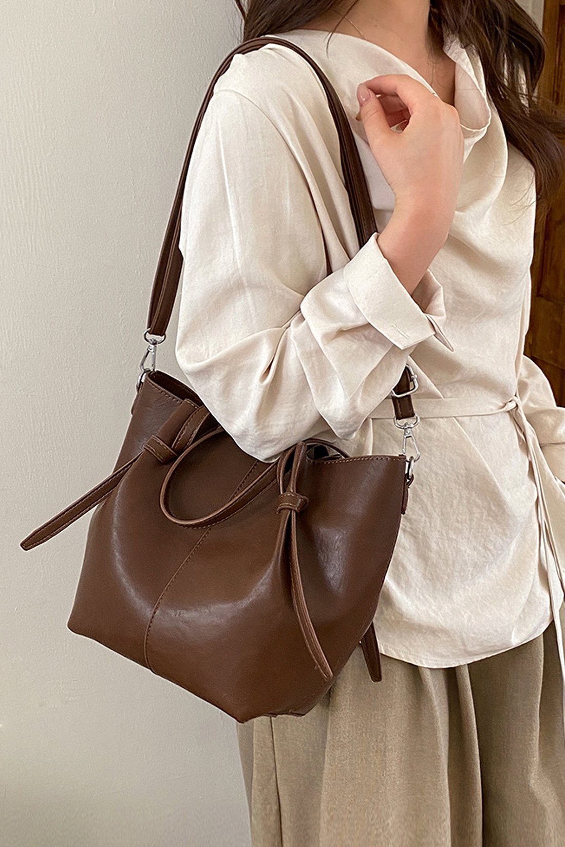 Brown Structured Handbag With Shoulder Strap, Image 2 of 4