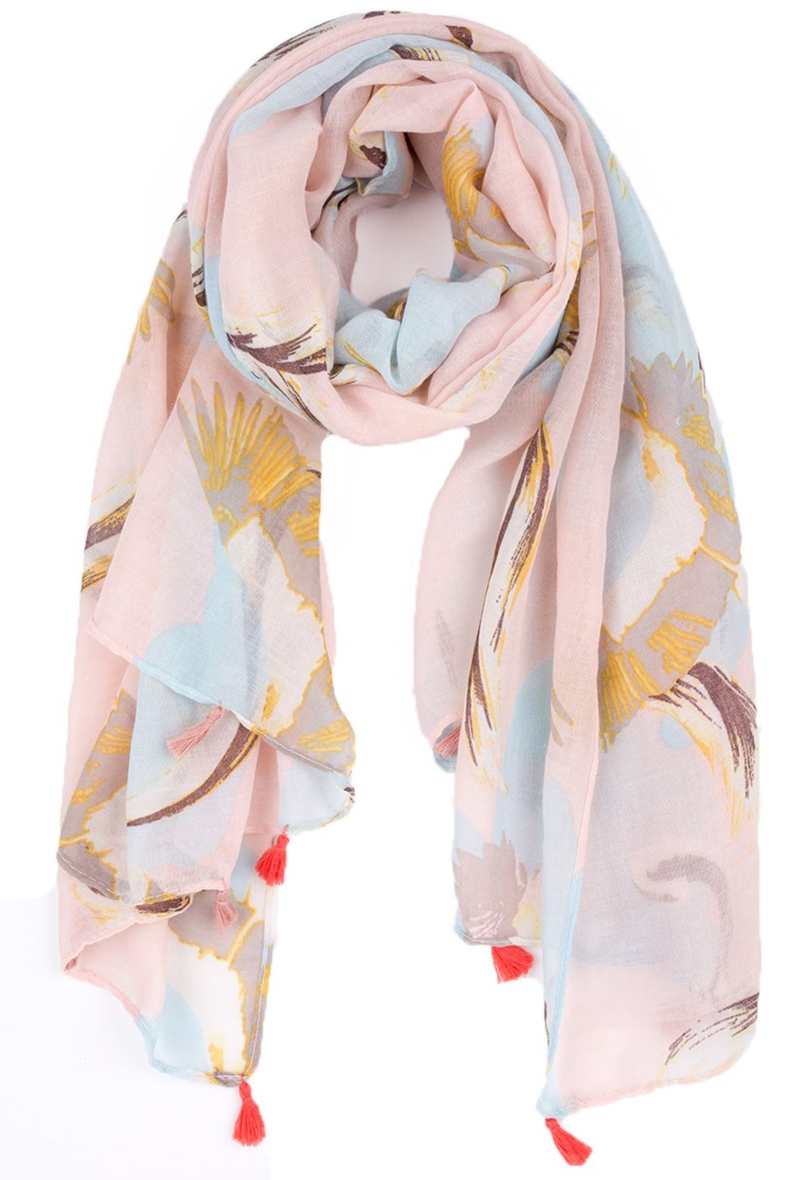 Light Pink Crane Bird Tasselled Lightweight Scarf, Image 2 of 3