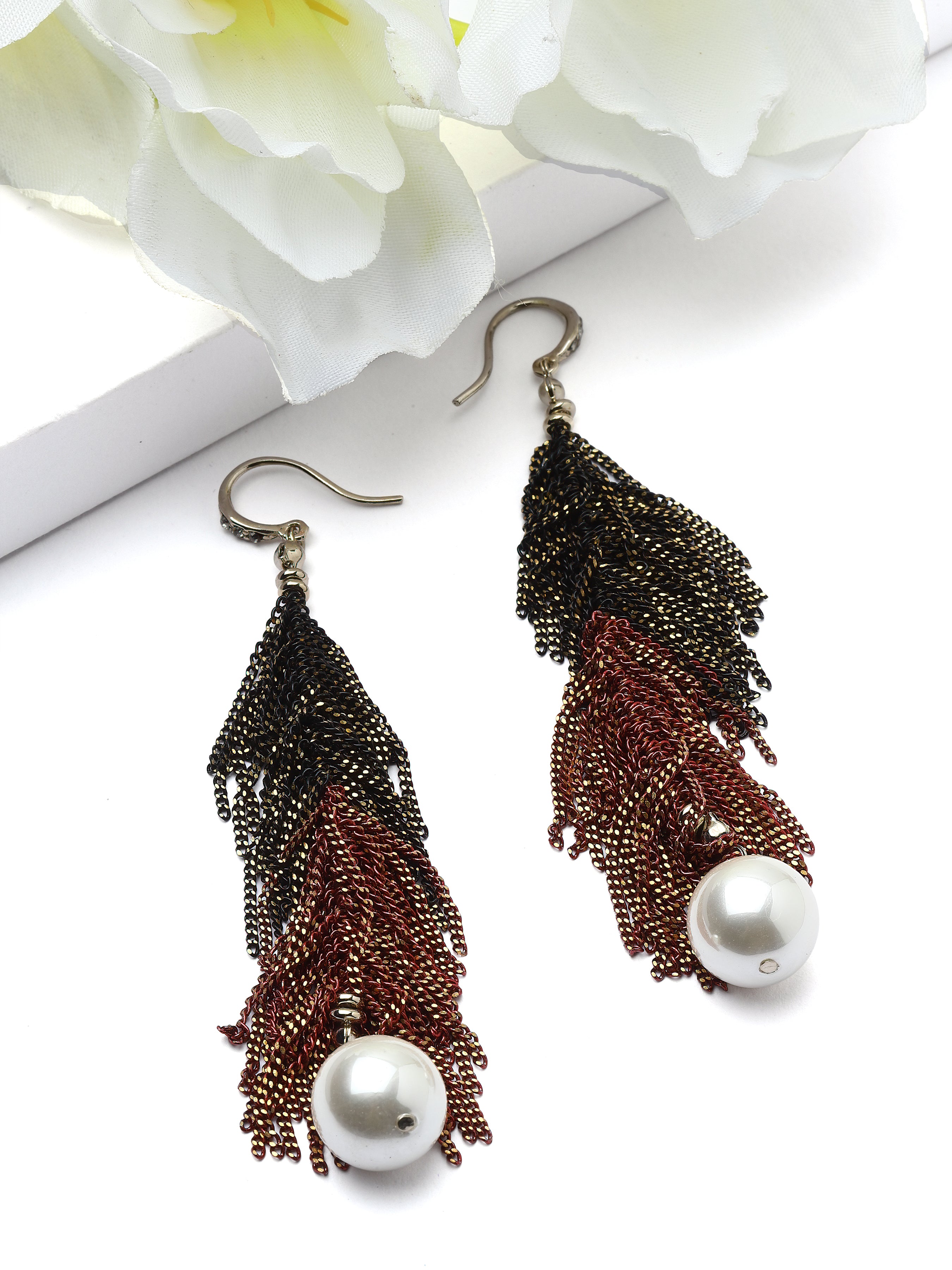 Red Ombre Chain Tassel Pearl Drop Earrings, Image 3 of 3