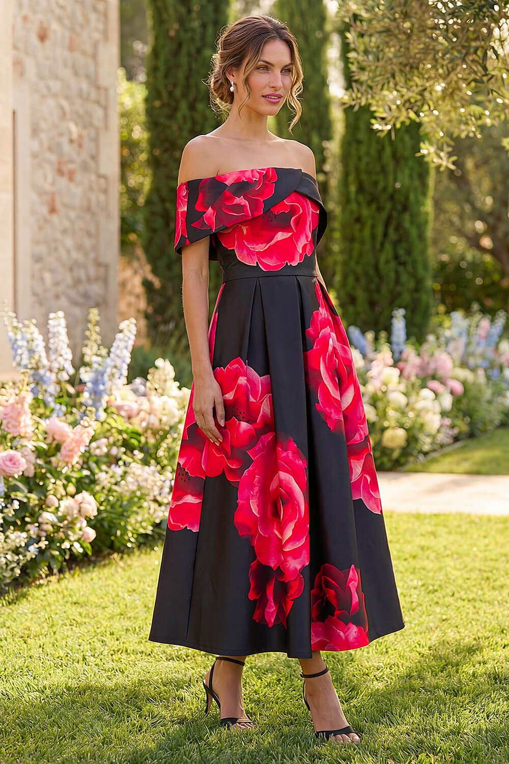 Red Floral Print Premium Stretch Midi Dress, Image 1 of 4