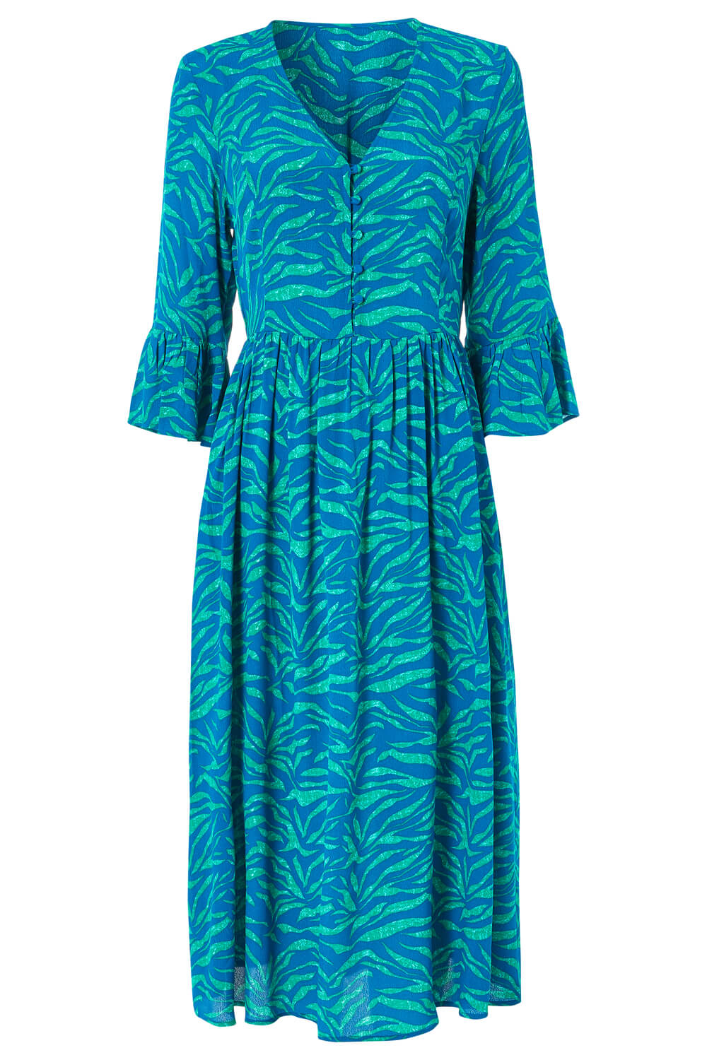 Turquoise Abstract Animal Print Button Detail Midi Dress, Image 5 of 4