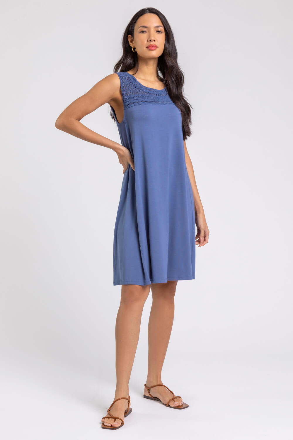 Blue Crochet Yoke A-Line Jersey Dress, Image 5 of 4
