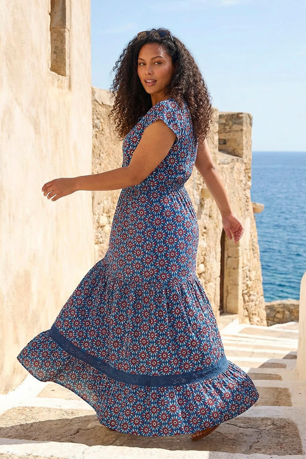 Navy Curve Floral Print Swing Midi Dress, Image 3 of 4