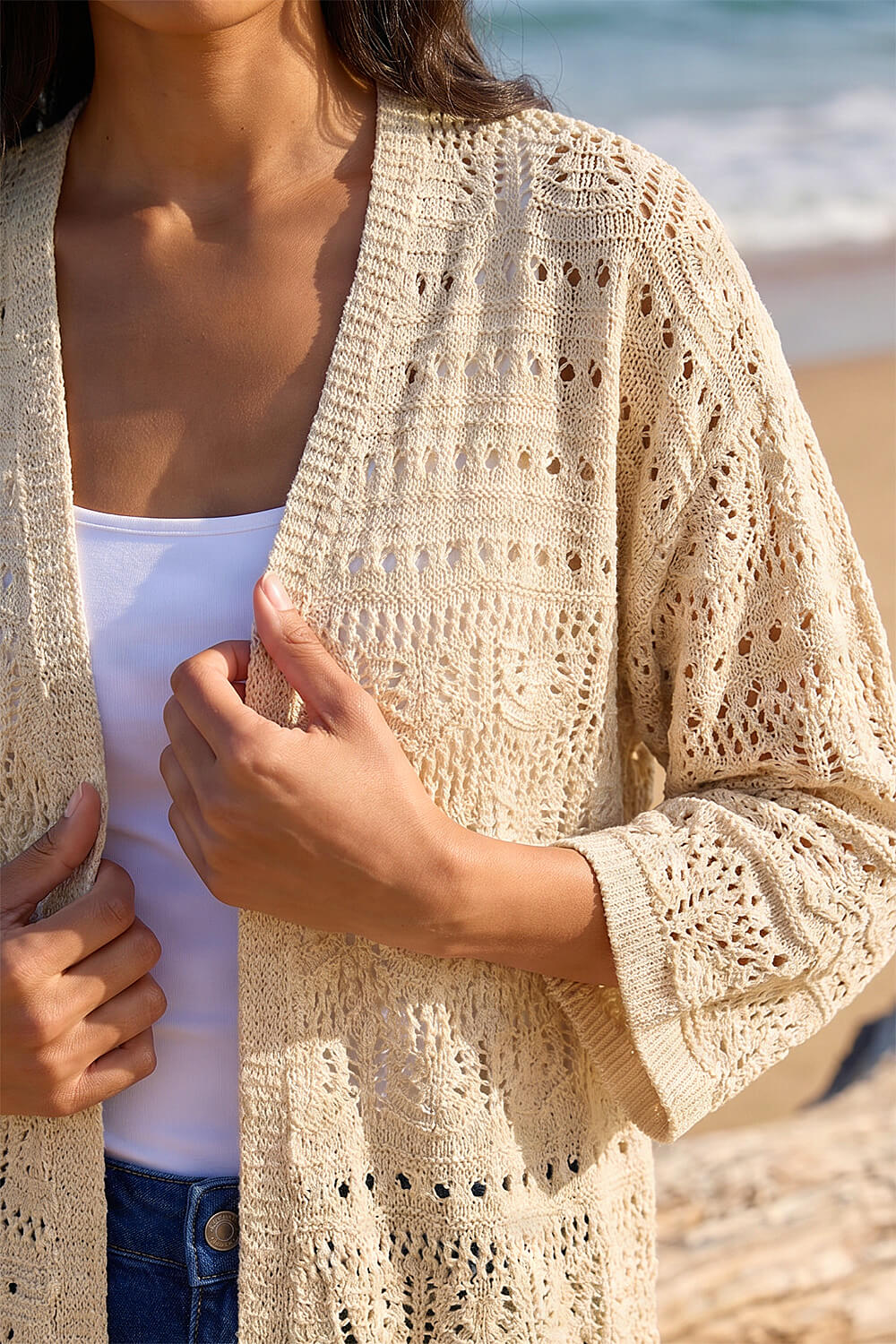 Natural 3/4 Sleeve Stitch Detail Cardigan, Image 5 of 4