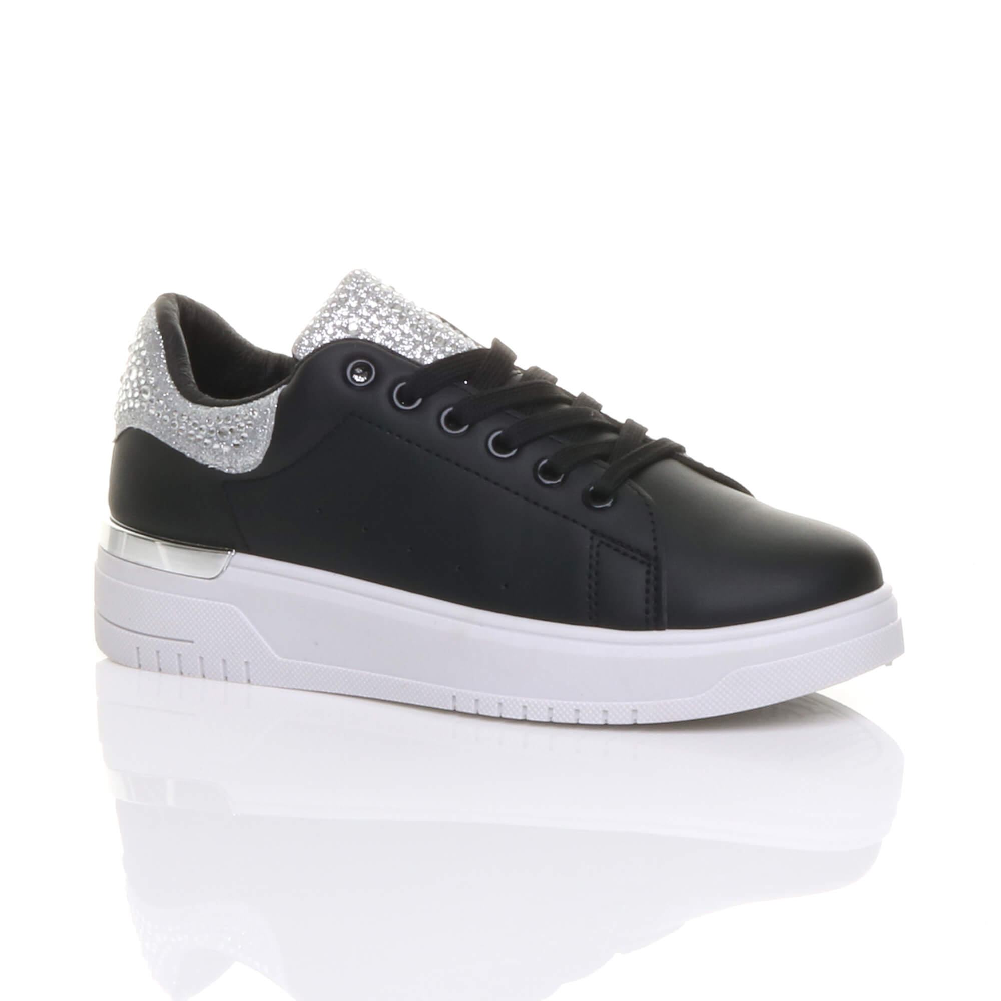 Silver AJVANI Silver Flat Chunky Diamante Sparkly Trainers, Image 1 of 6