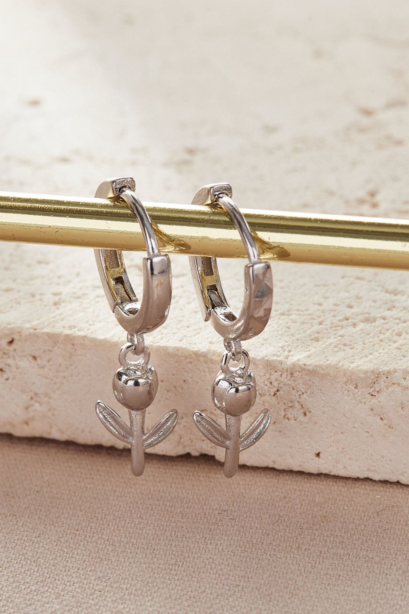 Silver Sterling Silver Tulip Flower Dangle Hoops, Image 2 of 2
