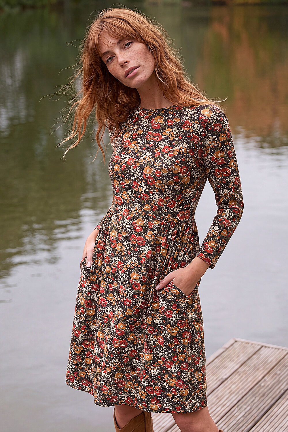 Roman Women's Orange Floral Side Ruched Dress Size 12
