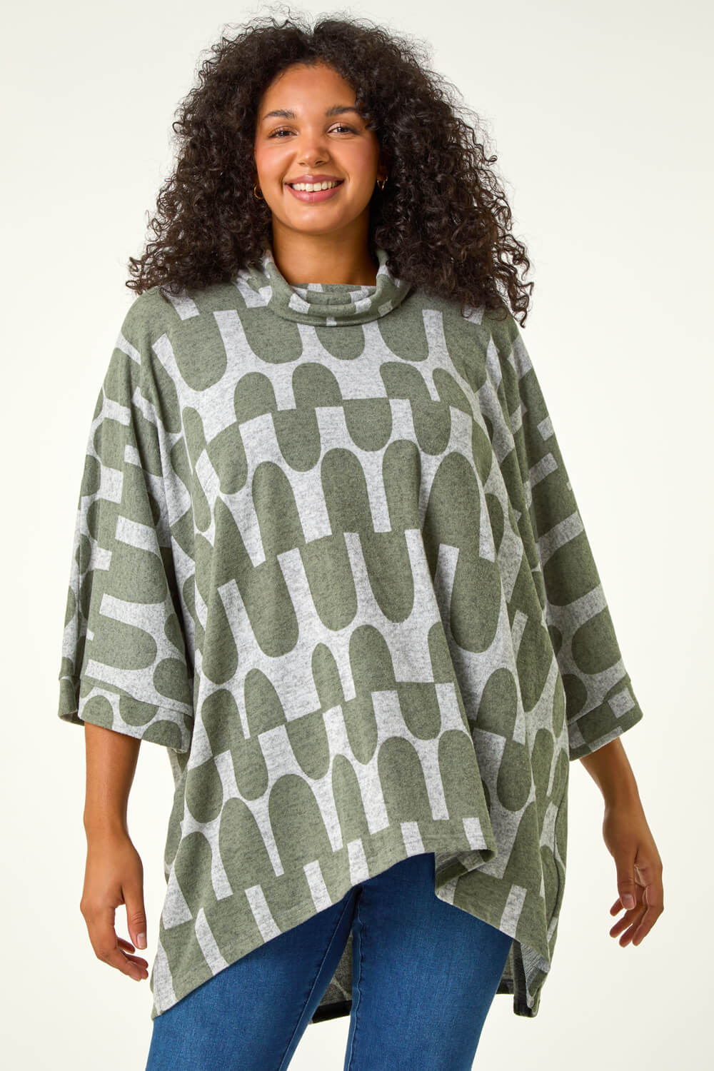 KHAKI Curve Geometric Print Roll Neck Top, Image 1 of 5
