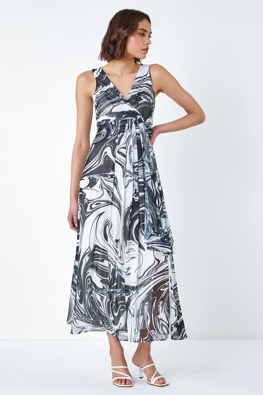 Black Marble Print Wrap Mesh Dress | Roman UK