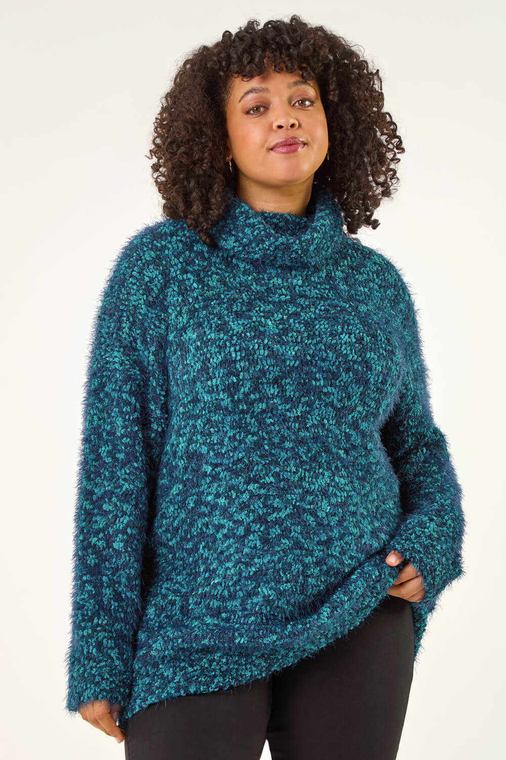 Teal Curve Fluffy Roll Neck Knit Jumper, Image 6 of 6
