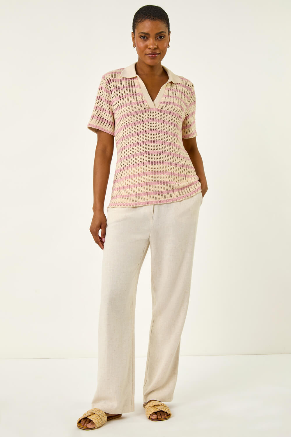 Pink Stripe Crochet Collar Knit Top | Roman UK