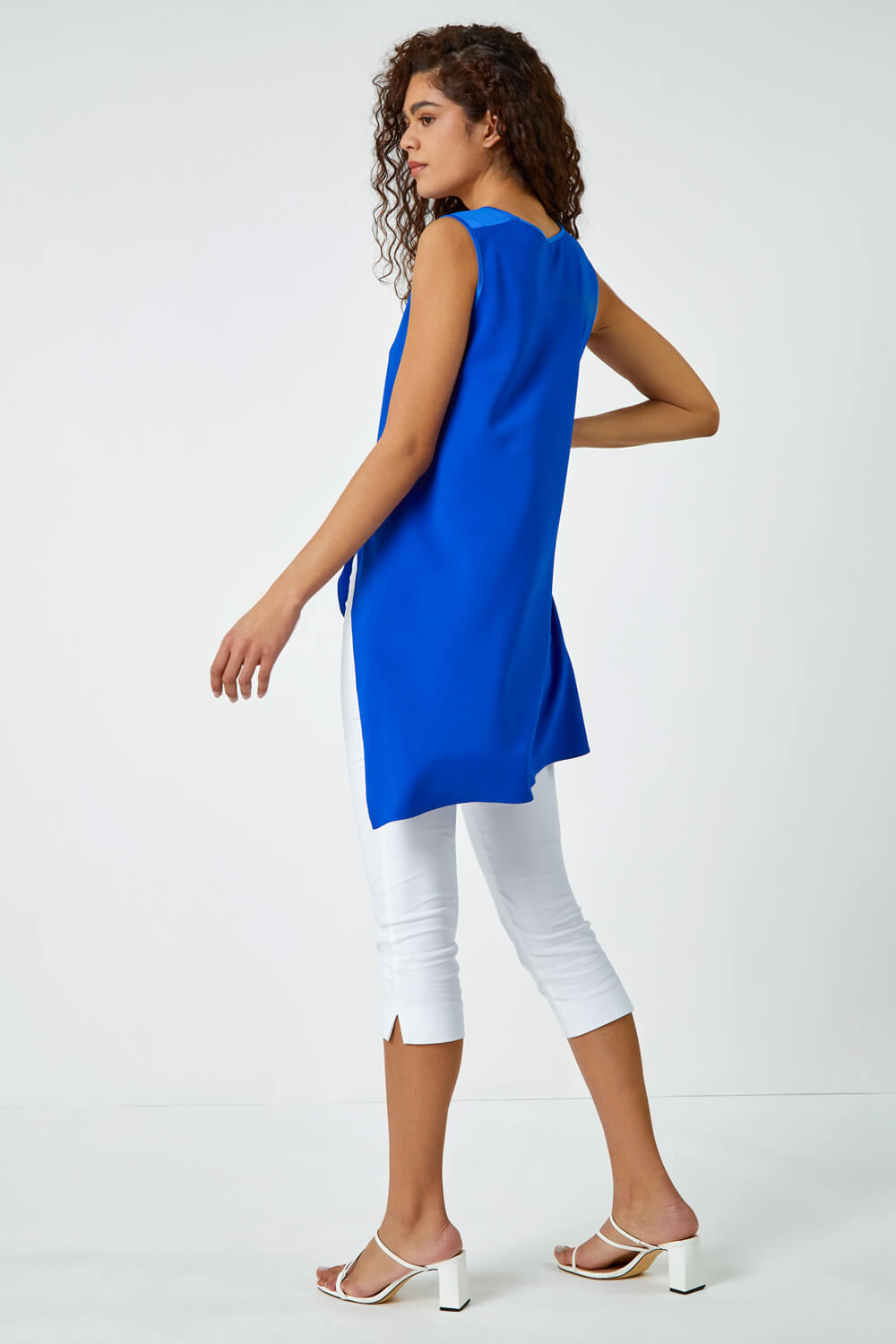 Royal Blue Sleeveless Asymmetric Satin Split Tunic Top, Image 4 of 5