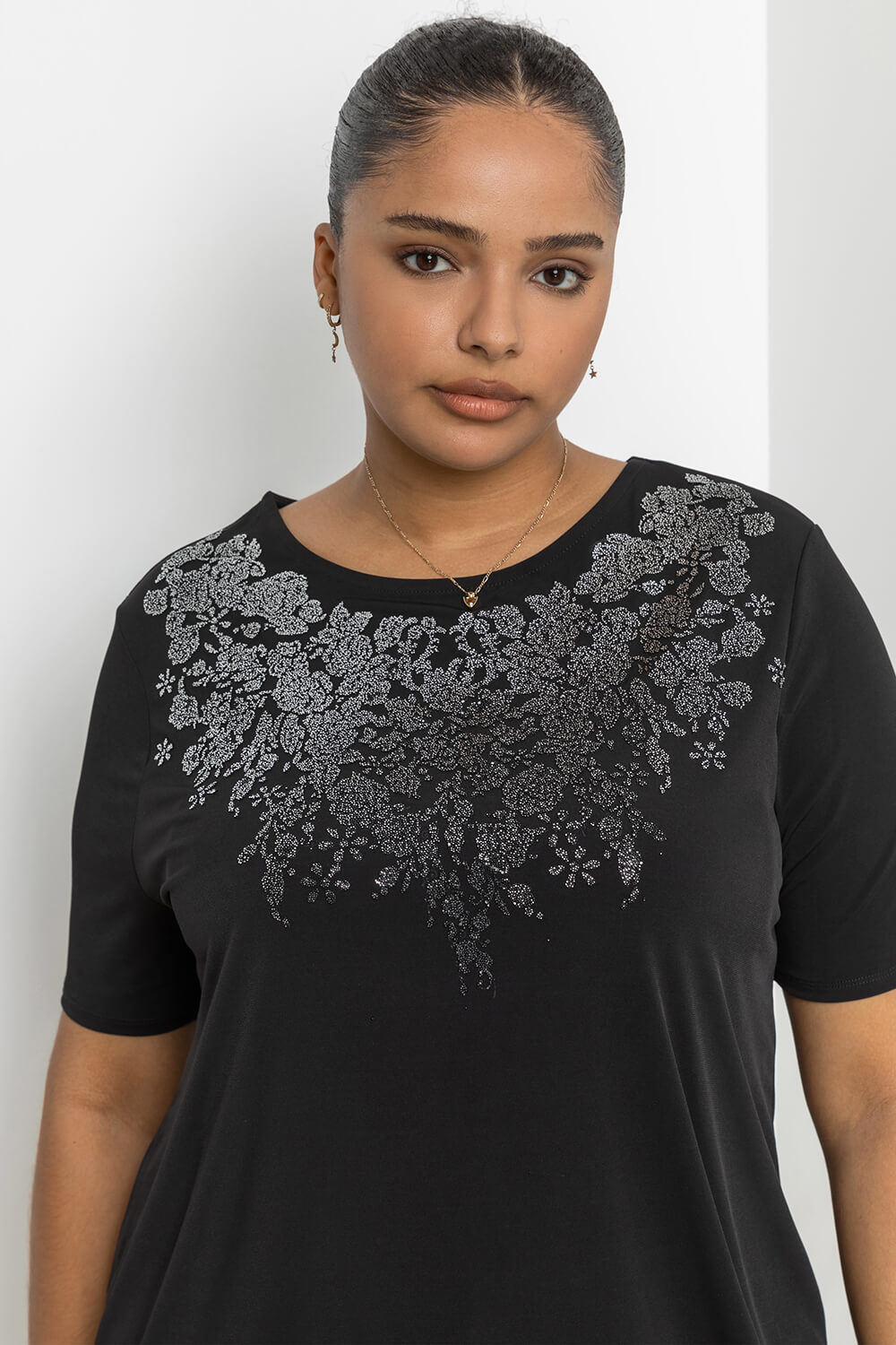 Silver Curve Shimmer Bead Embellished T-Shirt, Image 5 of 4