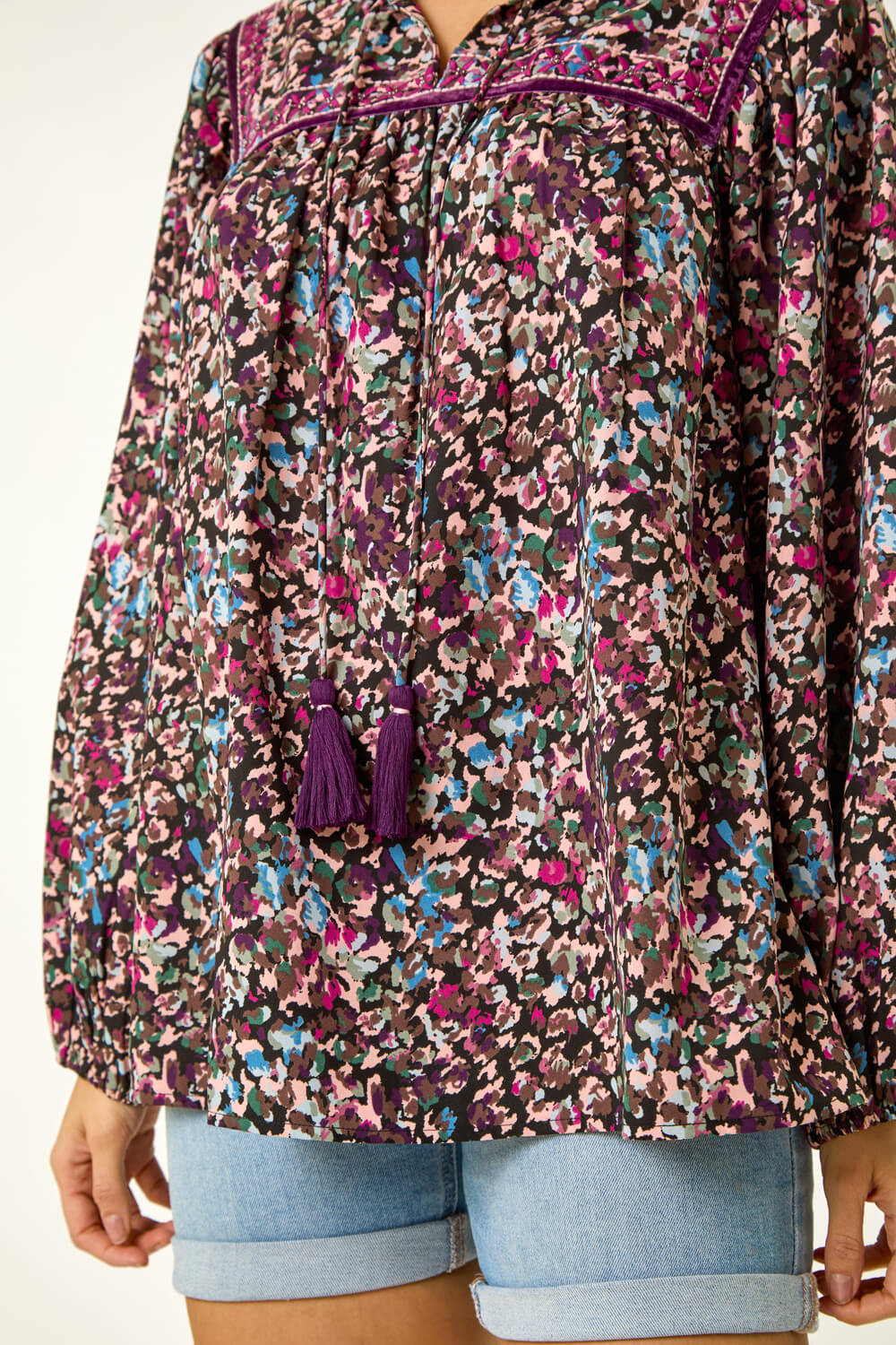 Purple Floral Print Tie Front Top, Image 6 of 5