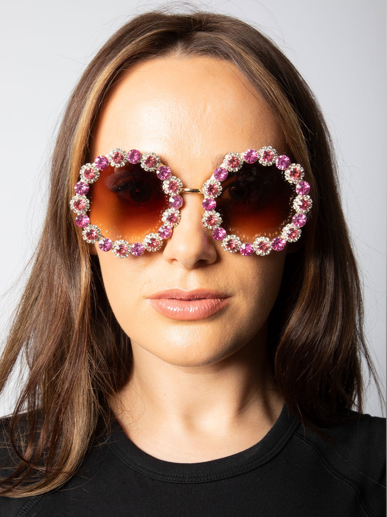 Pink Round Floral Crystal Gem Sunglasses in Pink, Image 6 of 6