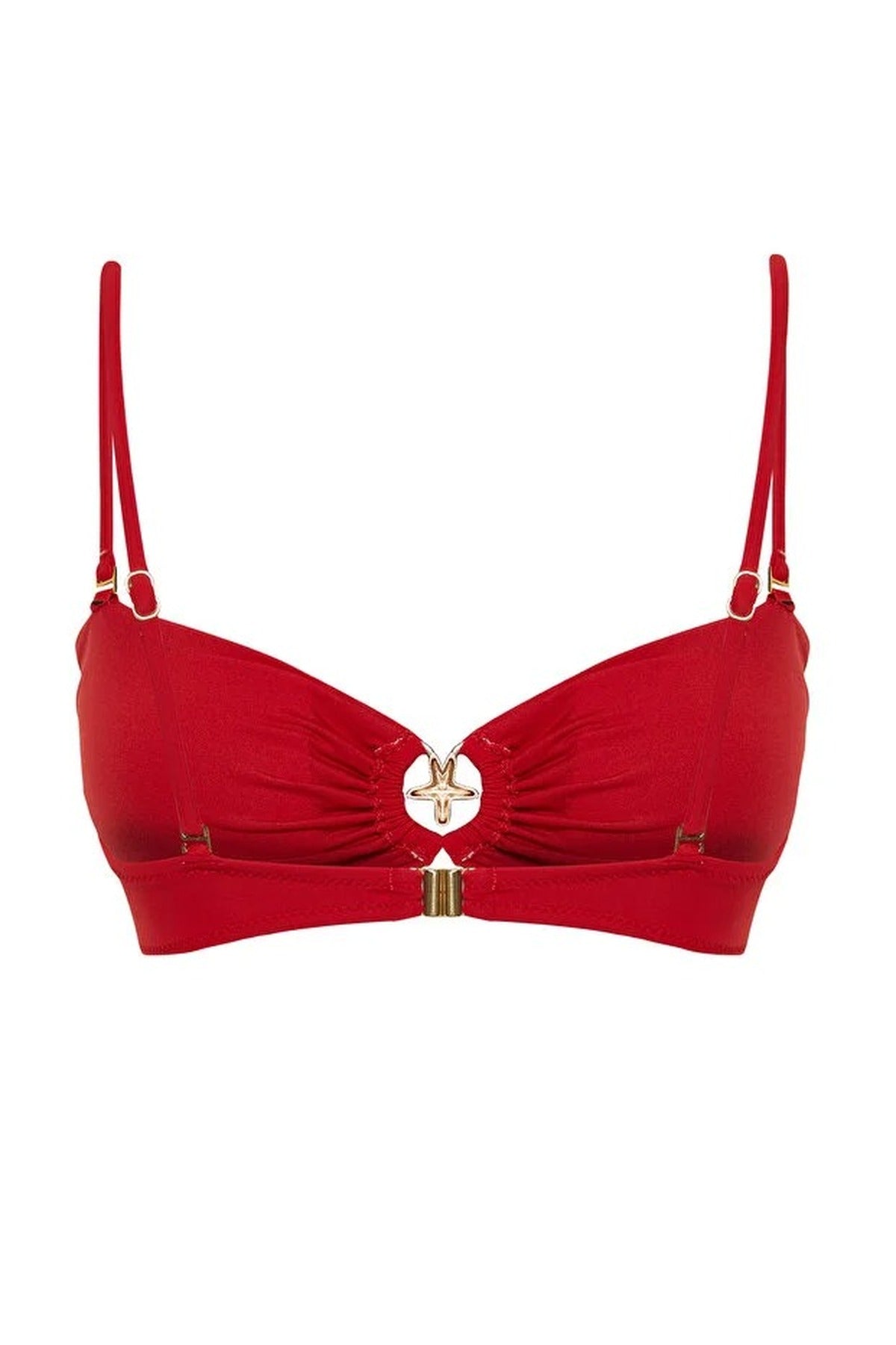 Red Ruched Bandeau Bikini Top with Ring Detail, Image 4 of 5