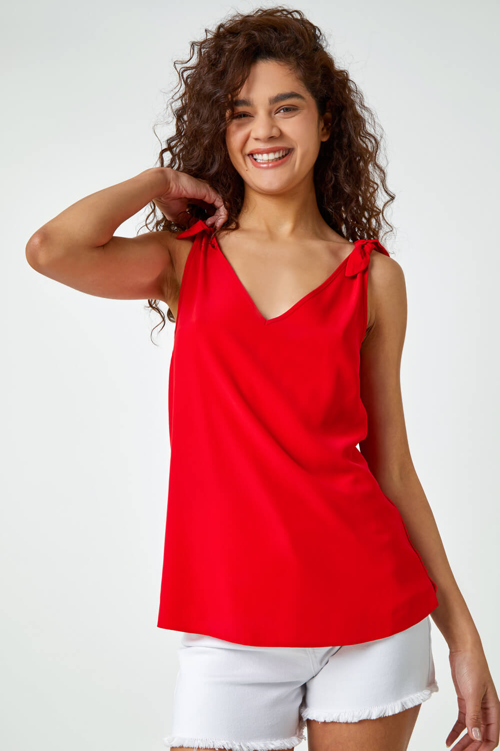 Red Tie Detail Strap V-Neck Cami Top, Image 3 of 5