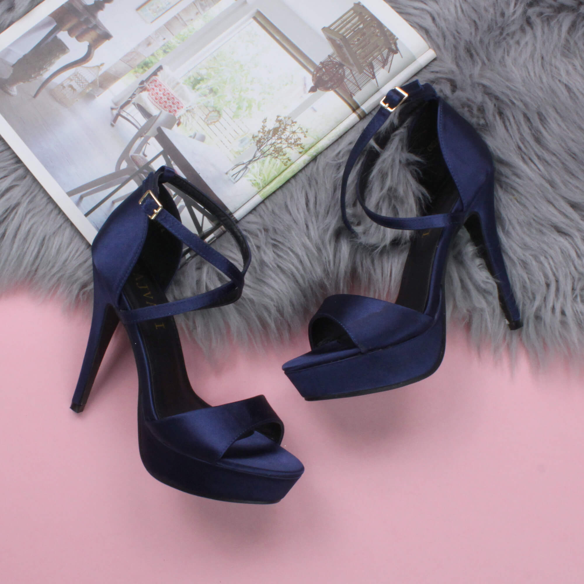 Navy Blue AJVANI Navy Blue High Heel Crossed Straps Platform Sandals, Image 4 of 6