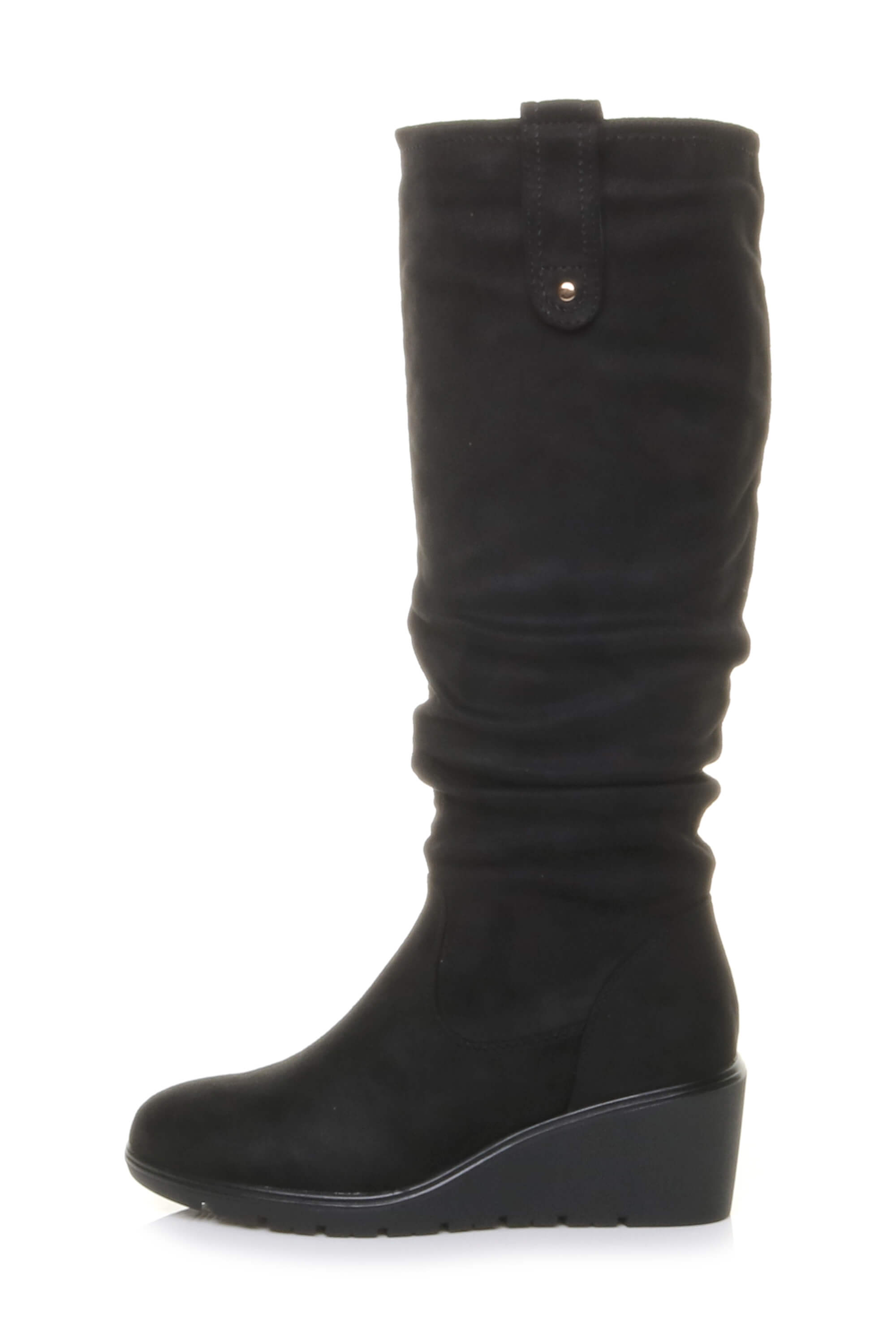 Black Mid Wedge Heel Slouch Knee High Calf Boots, Image 2 of 4
