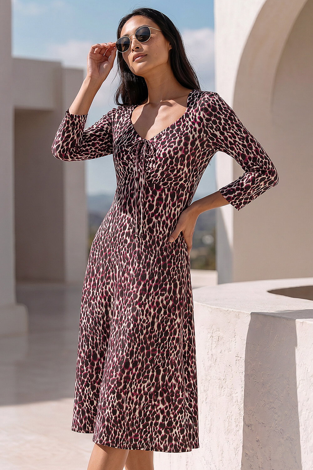 Roman Petite Women's Wine Animal Print Ruched Stretch Midi Dress Size 16