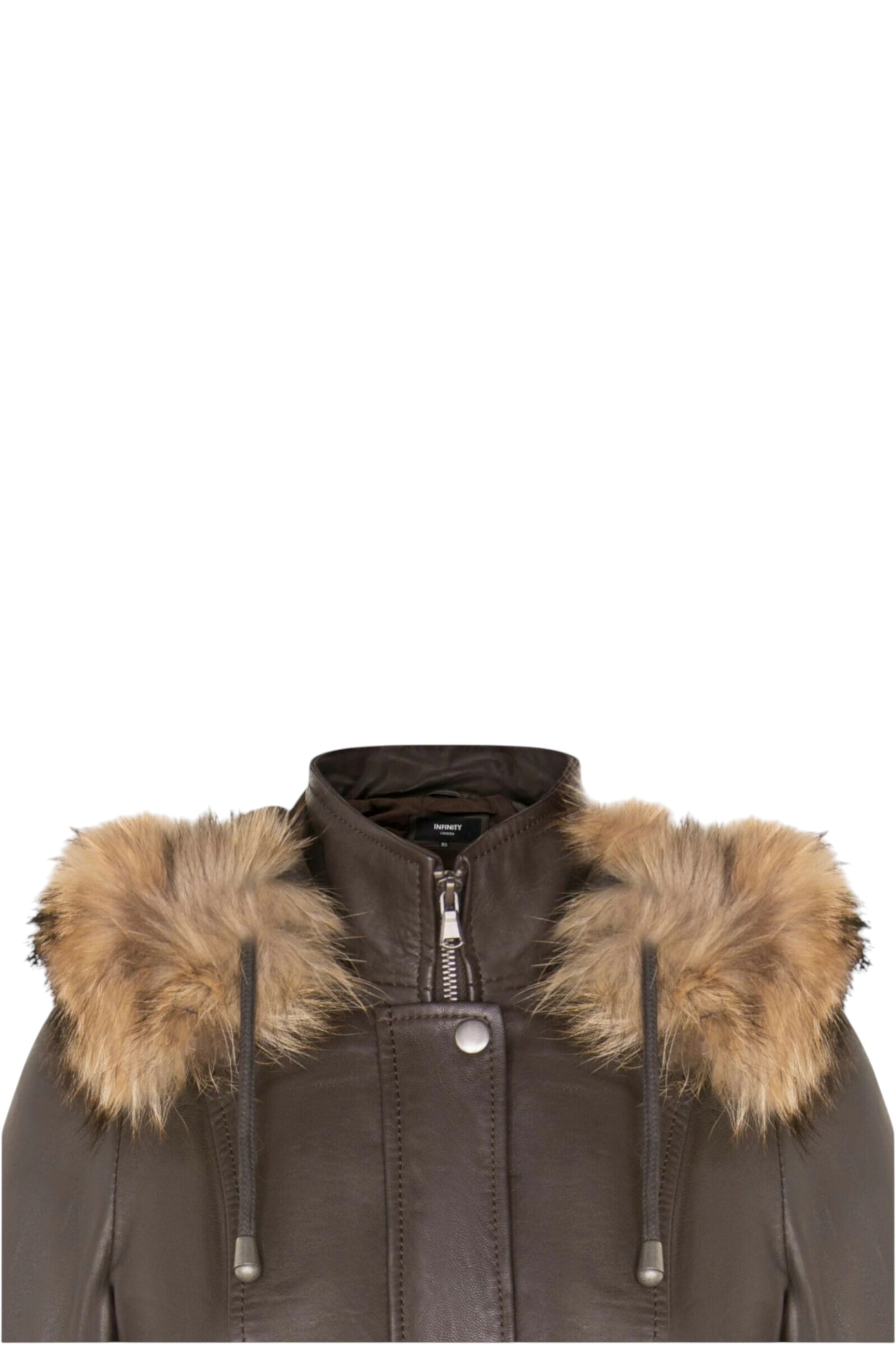 Brown Leather Hooded Parka Jacket-Putian, Image 5 of 5