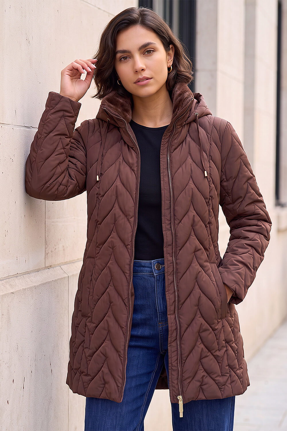 Roman Women's Chocolate Zig Zag Padded Coat Size 18