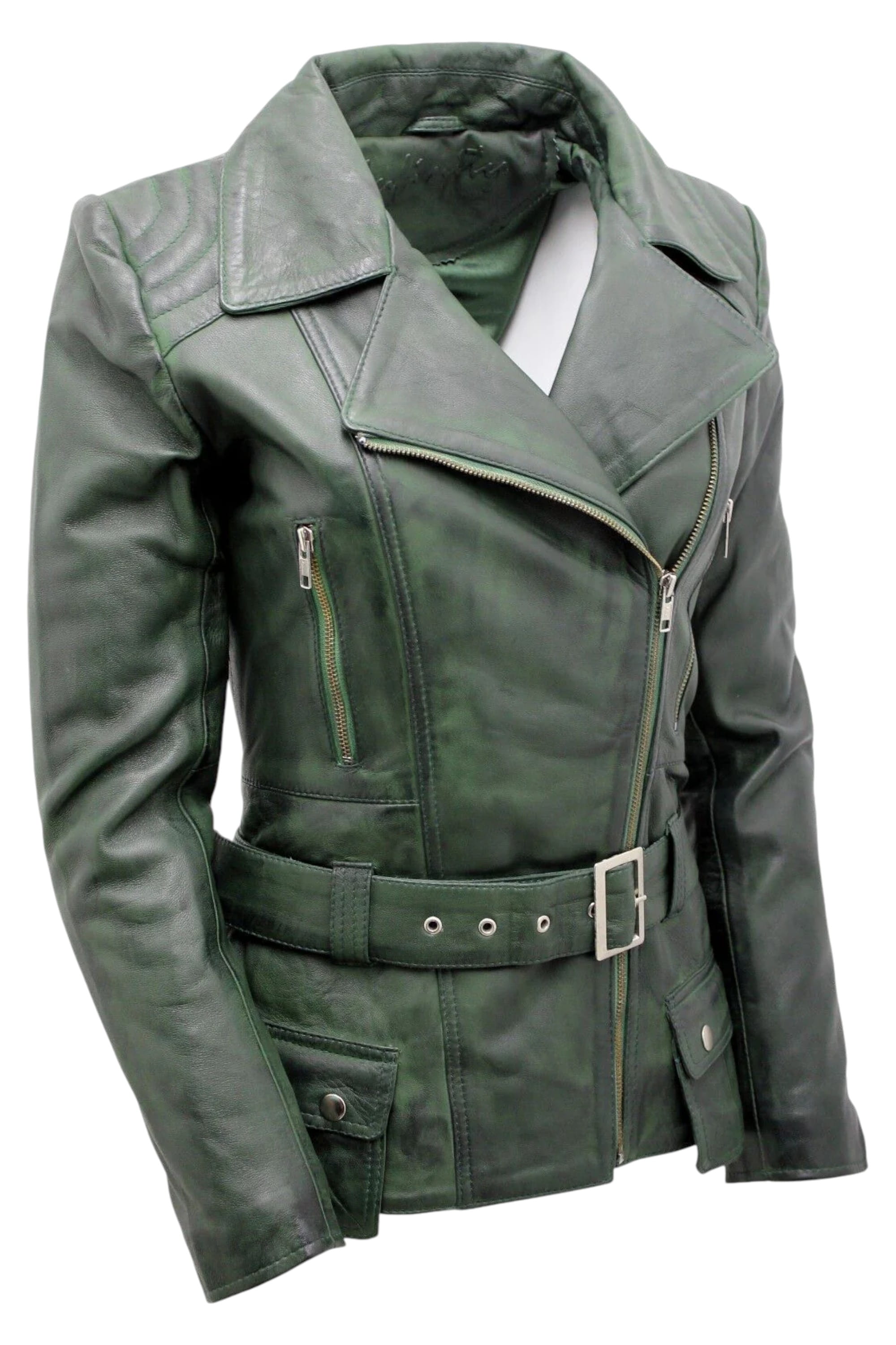 Grey Womens Long Leather Biker Jacket-Quito, Image 4 of 4