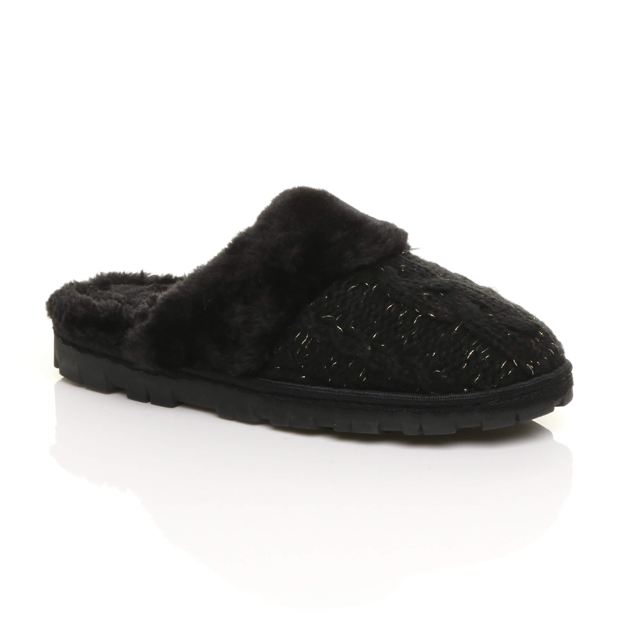 Black AJVANI Black Glitter Knitted Mules Slippers, Image 1 of 5