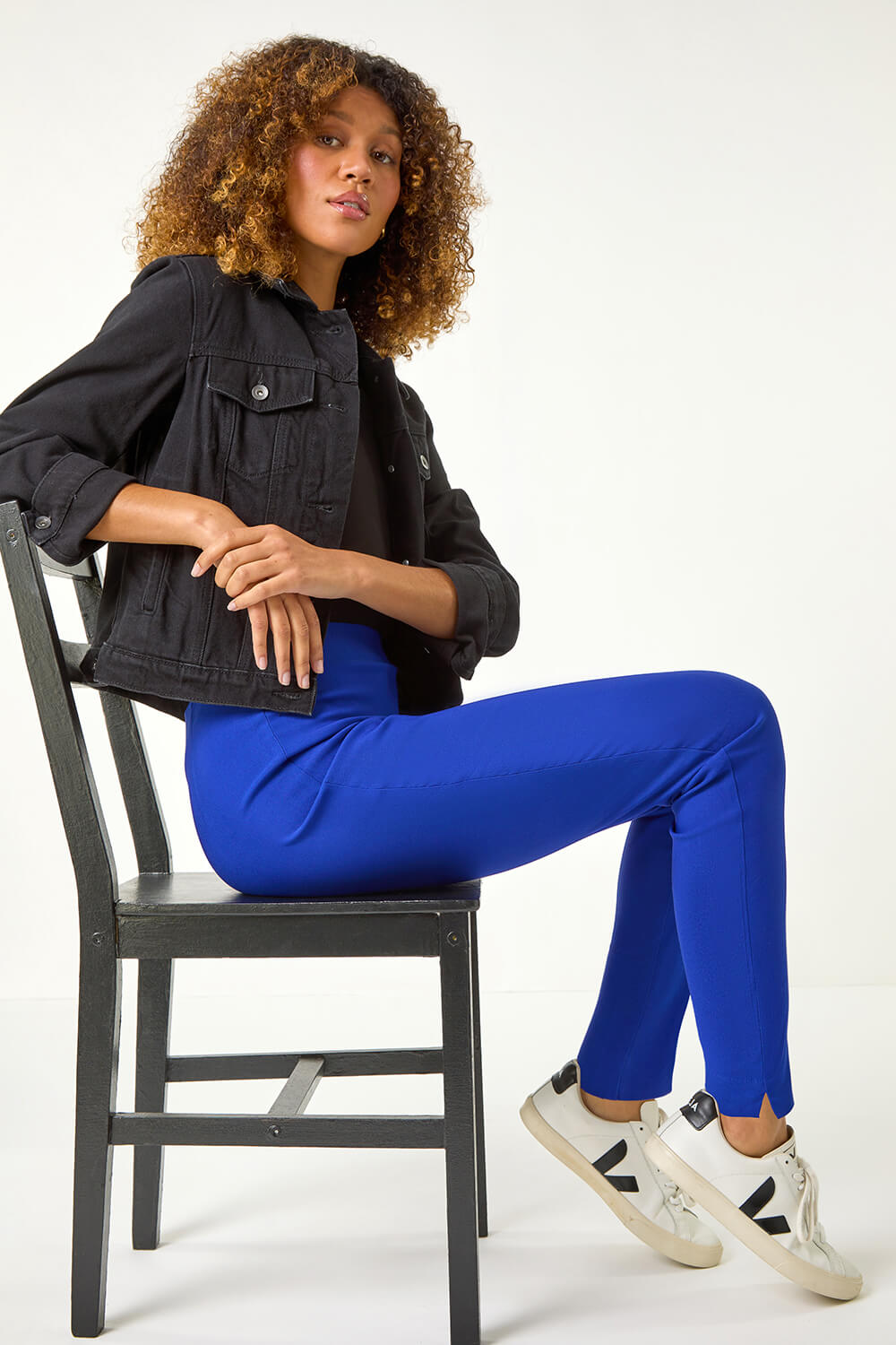 Royal Blue Full Length Elastic Waist Stretch Trousers, Image 1 of 5