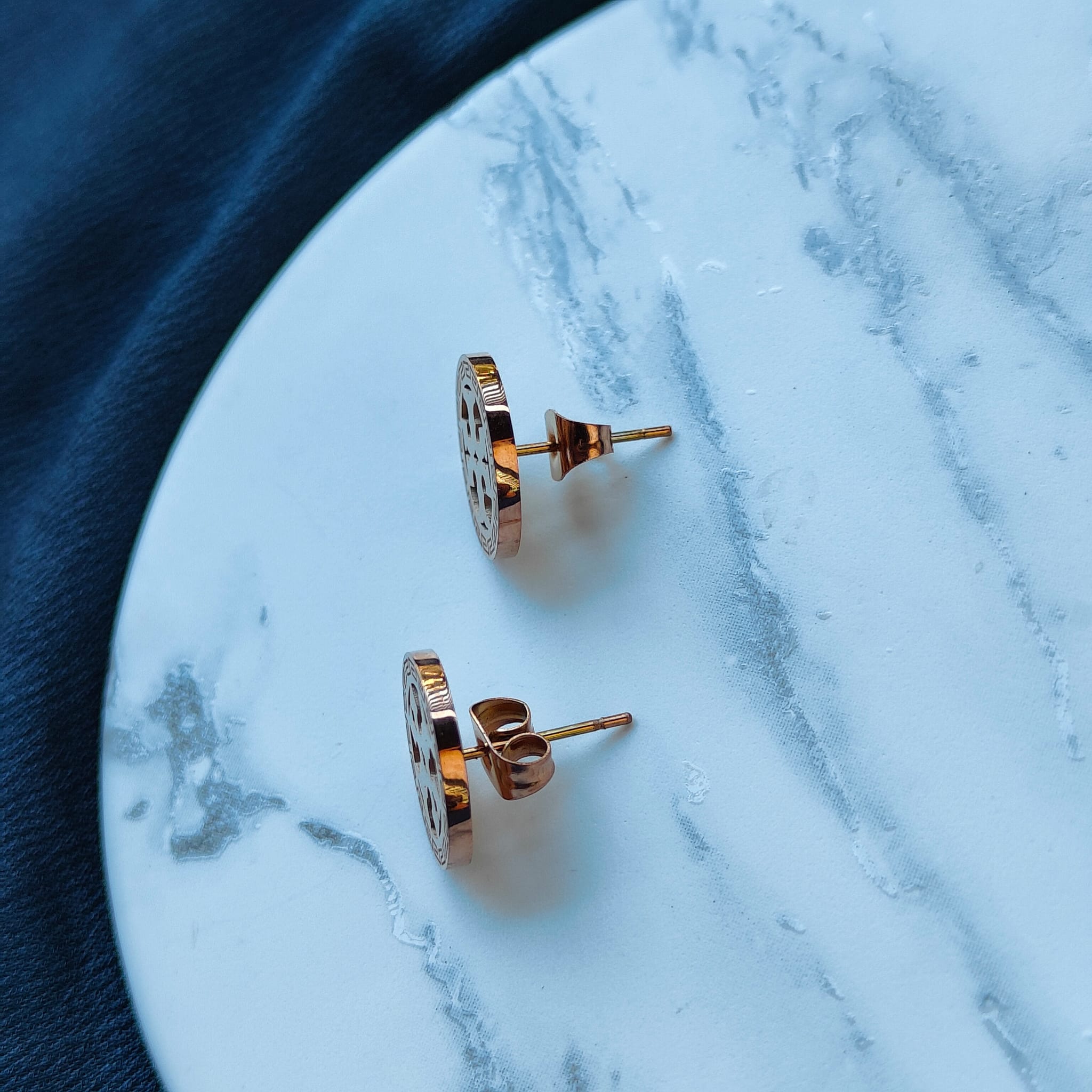 Gold Large Round TB Stud Earrings, Image 4 of 5