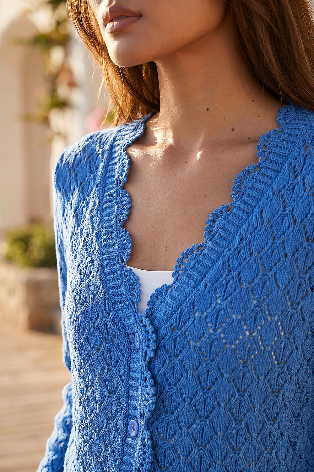 Blue Pointelle Button Knit Cardigan | Roman UK