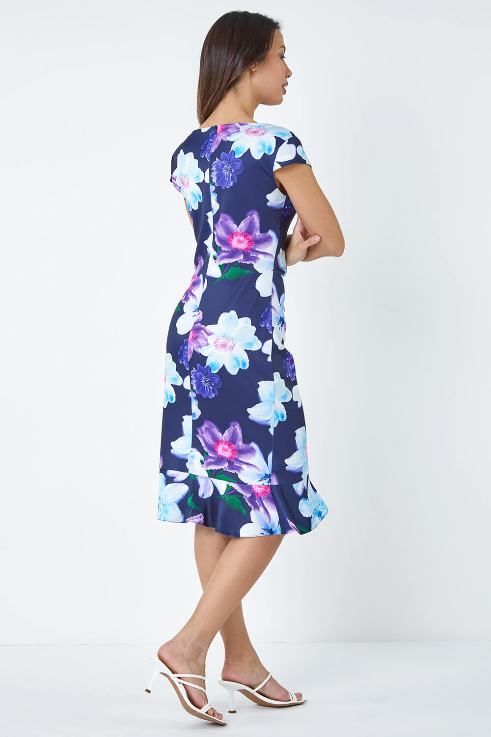 Navy Premium Stretch Floral Ruched Frill Hem Dress, Image 4 of 5