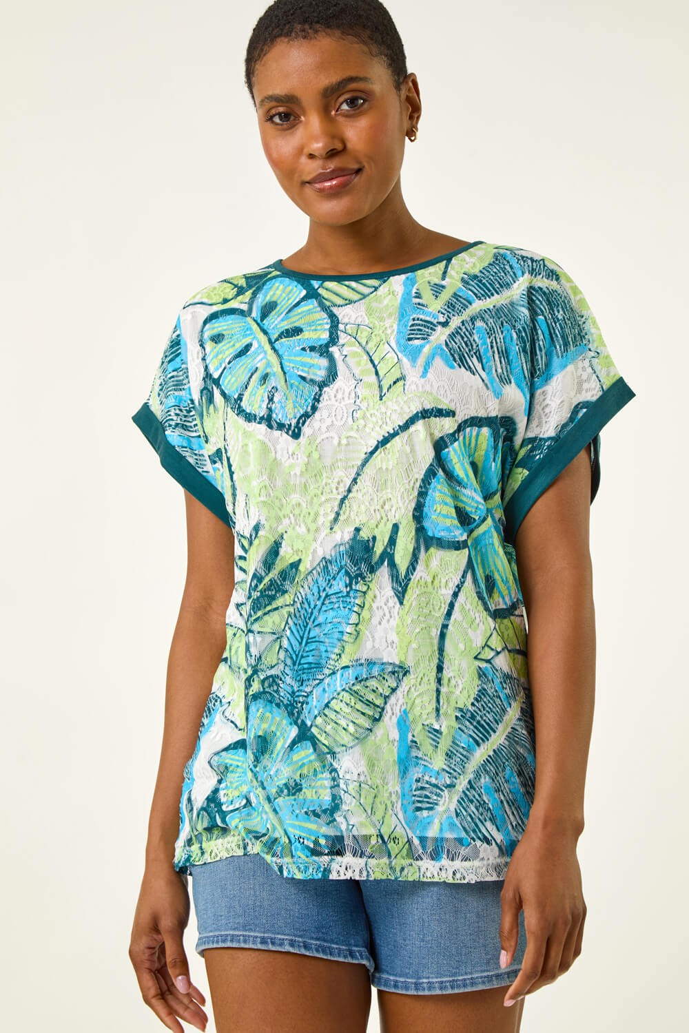Blue Leaf Print Lace Jersey Top, Image 5 of 5