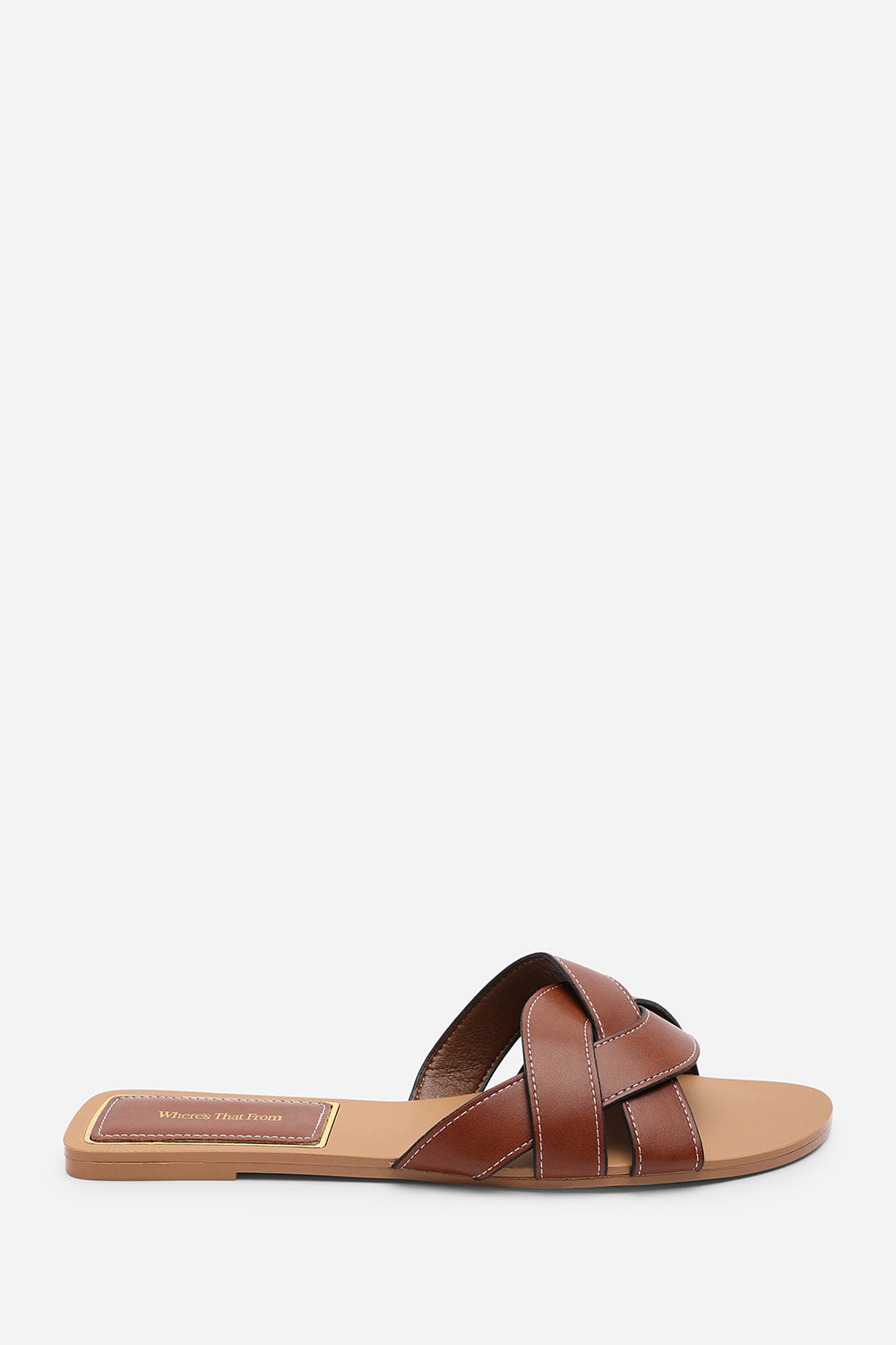 Tan Elvira Braided Slide on Sandals with contrast stitching, Image 2 of 6