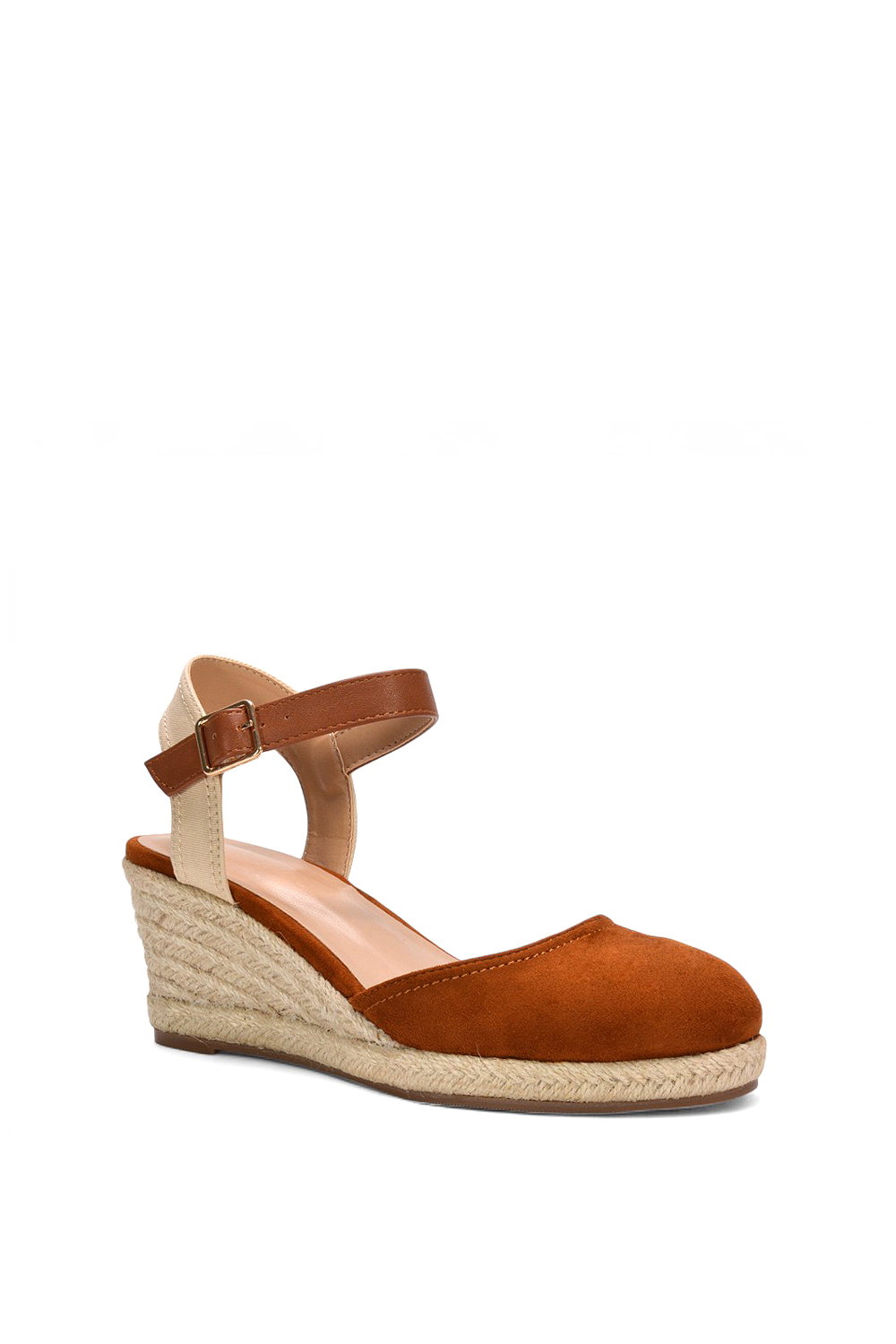 Tan XY LONDON Tan 'Joey' Closed Toe Ankle Strap Espadrille Wedge Platform Shoes, Image 2 of 6