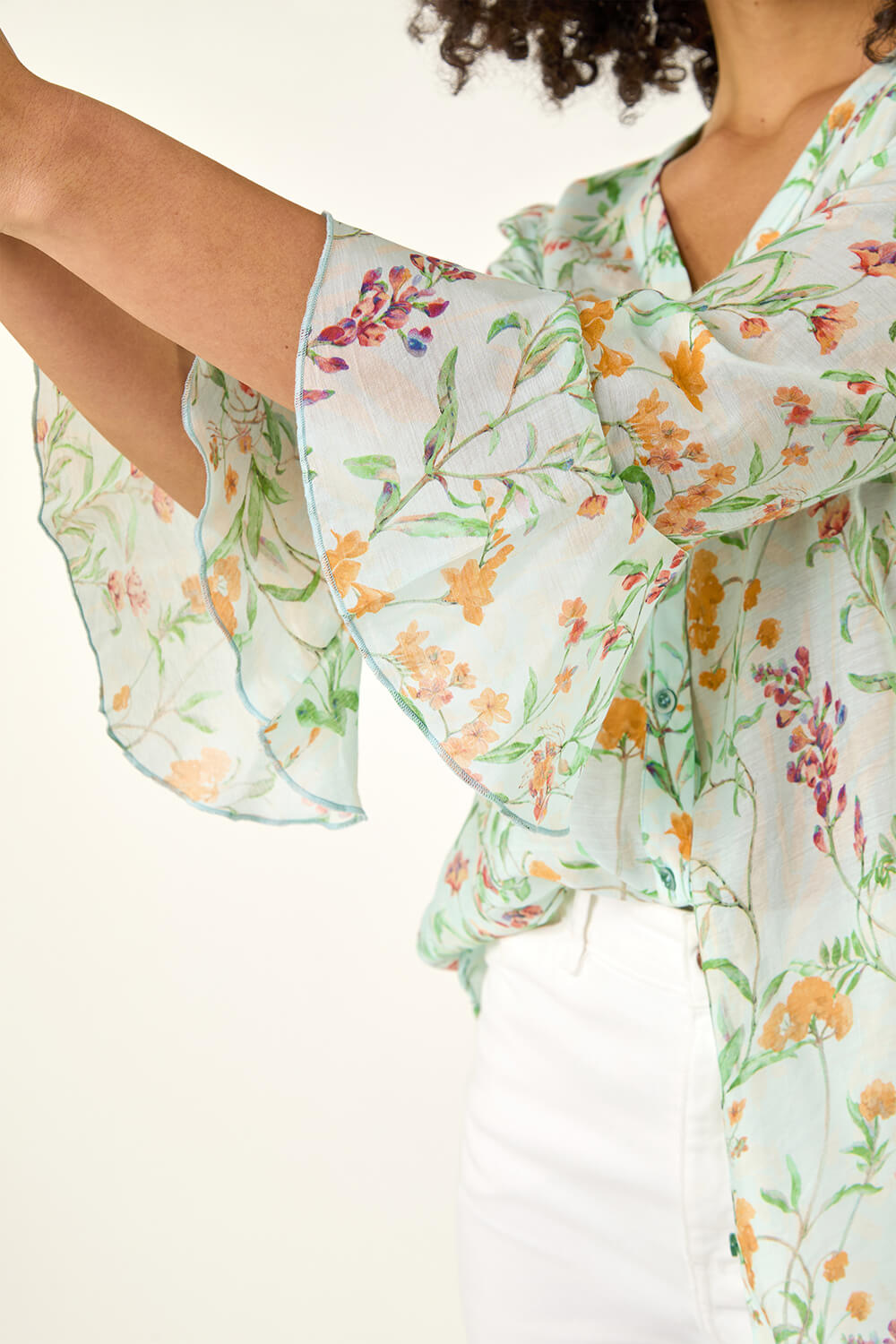 Light Blue Floral Flare Sleeve Button Up Blouse, Image 6 of 5